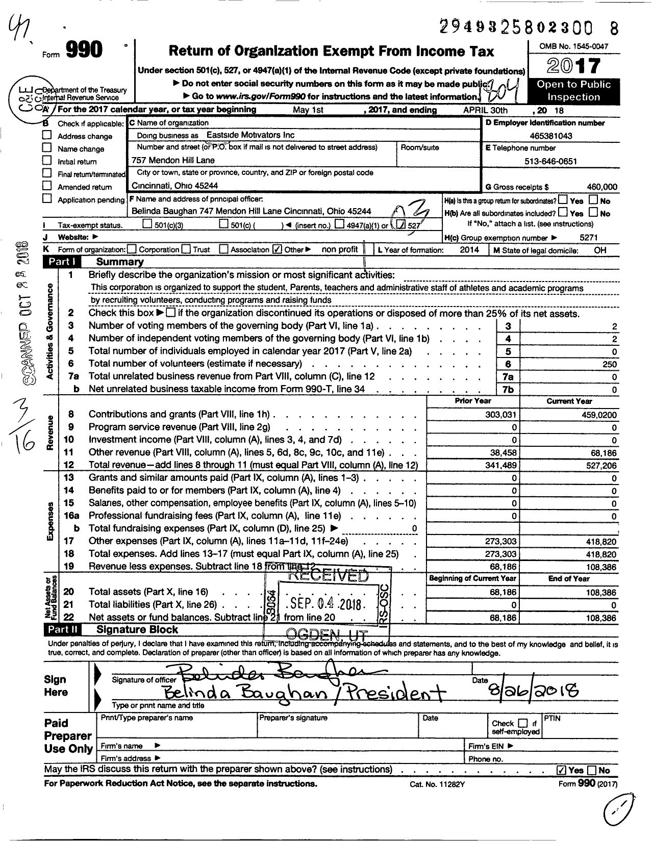 Image of first page of 2017 Form 990 for Eastside Motivators