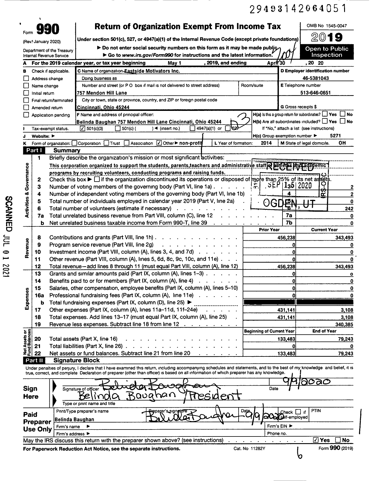 Image of first page of 2019 Form 990 for Eastside Motivators