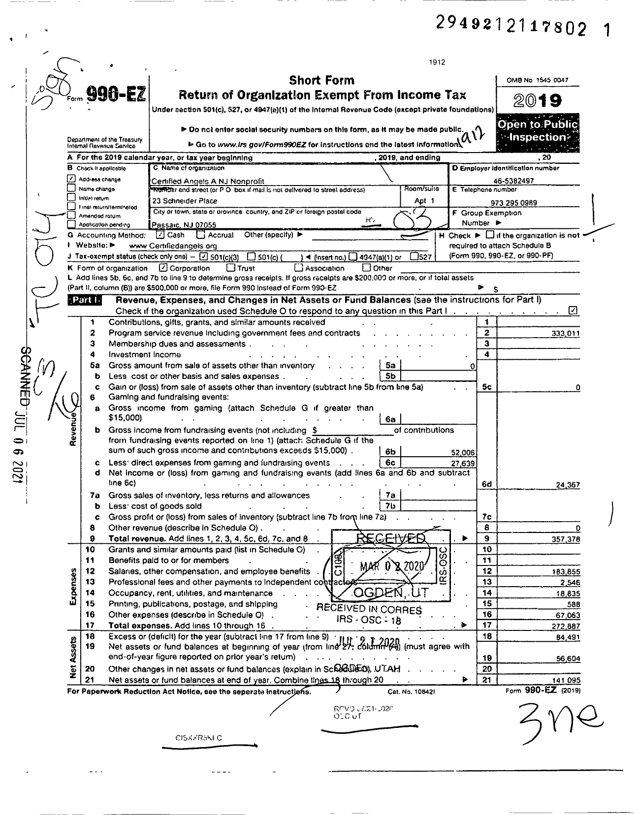 Image of first page of 2019 Form 990EZ for Certified Angels A NJ Nonprofit Corporation