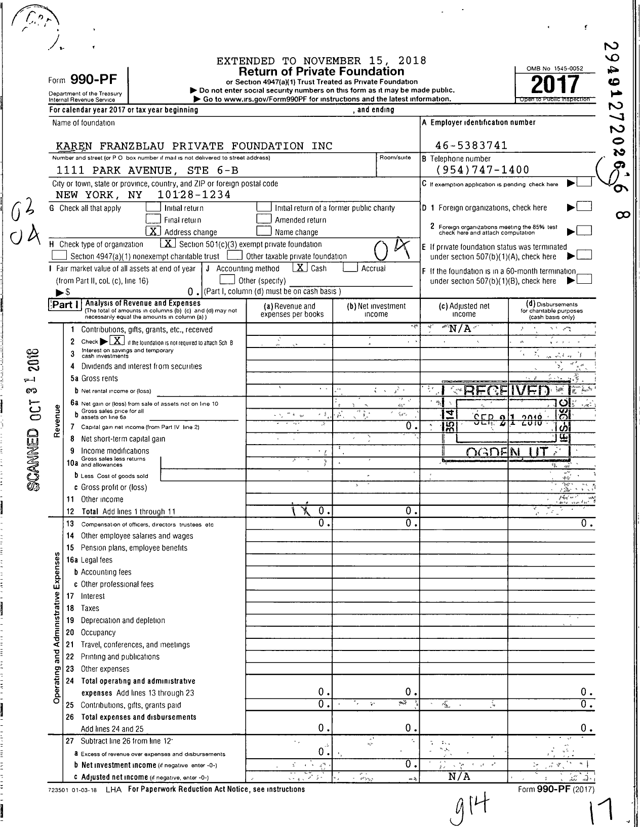 Image of first page of 2017 Form 990PF for Karen Franzblau Private Foundation
