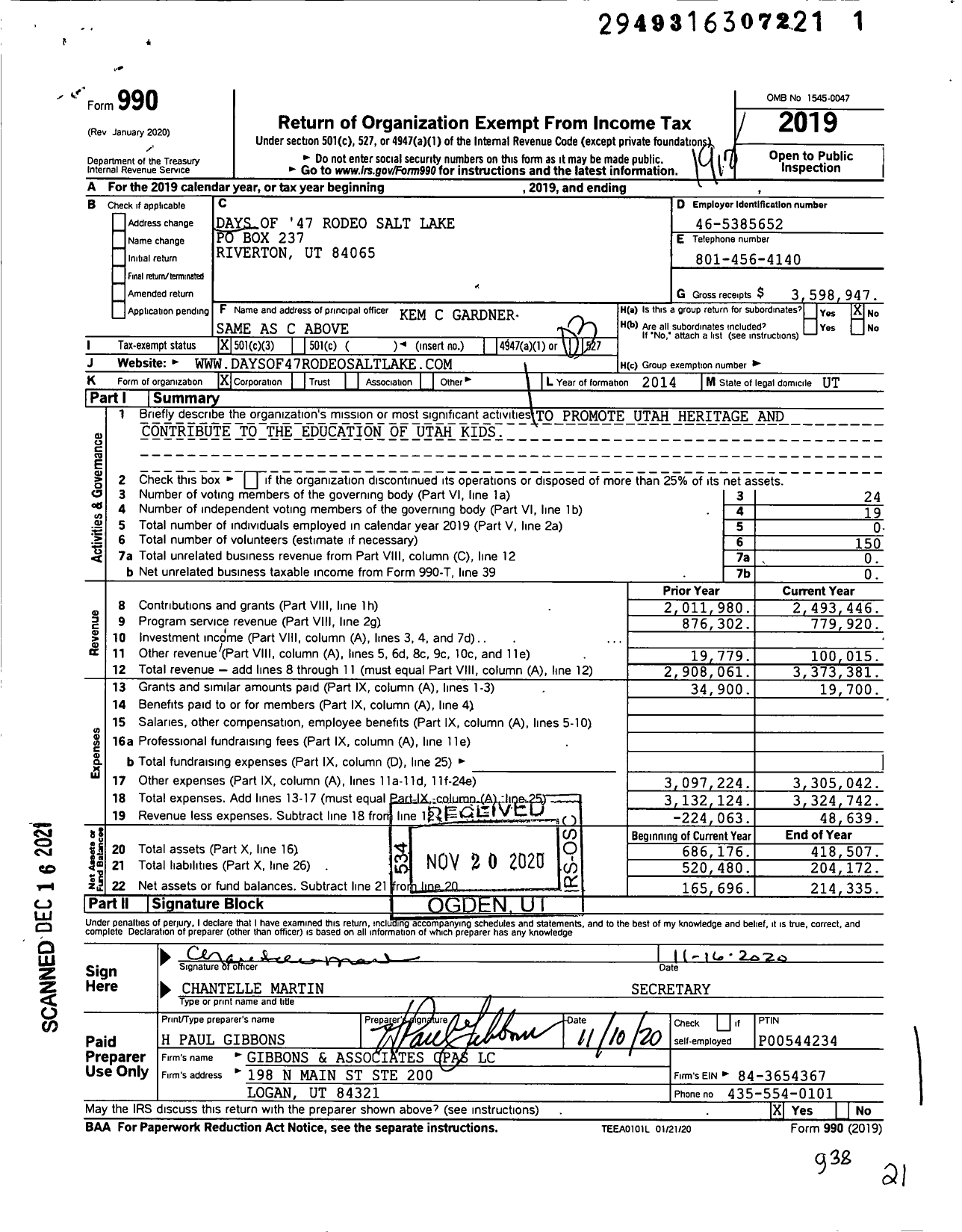 Image of first page of 2019 Form 990 for Days of 47 Rodeo Salt Lake