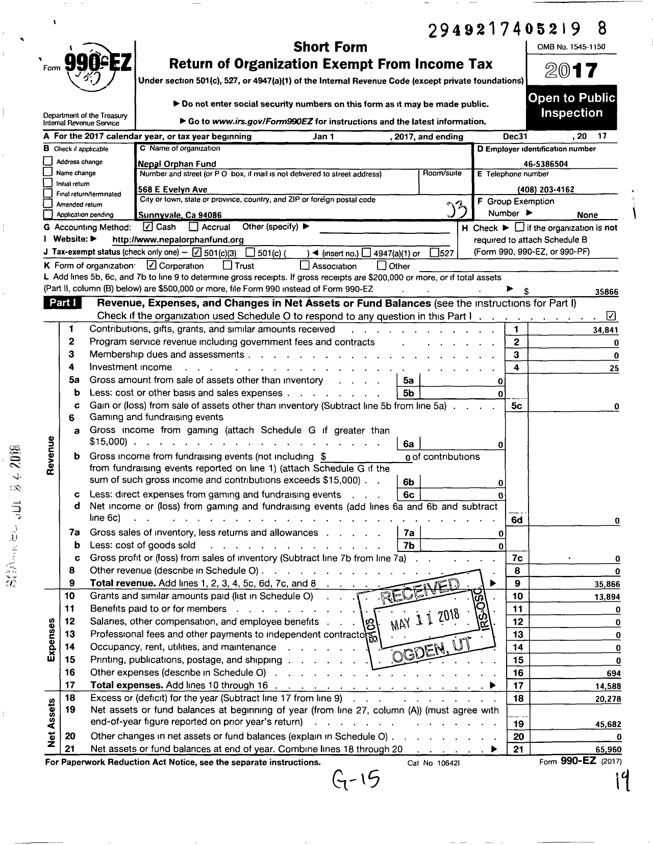 Image of first page of 2017 Form 990EZ for Nepal Orphan Fund