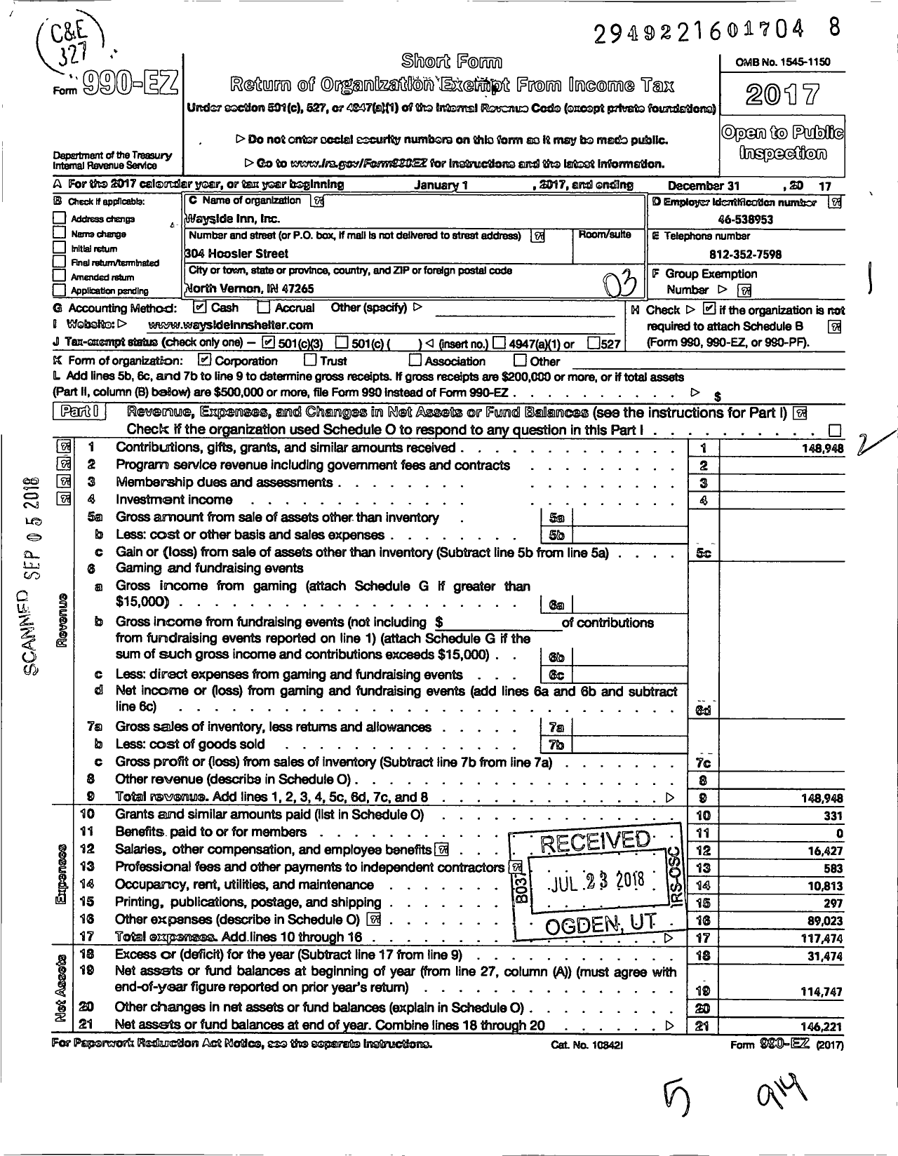 Image of first page of 2017 Form 990EZ for Wayside Inn