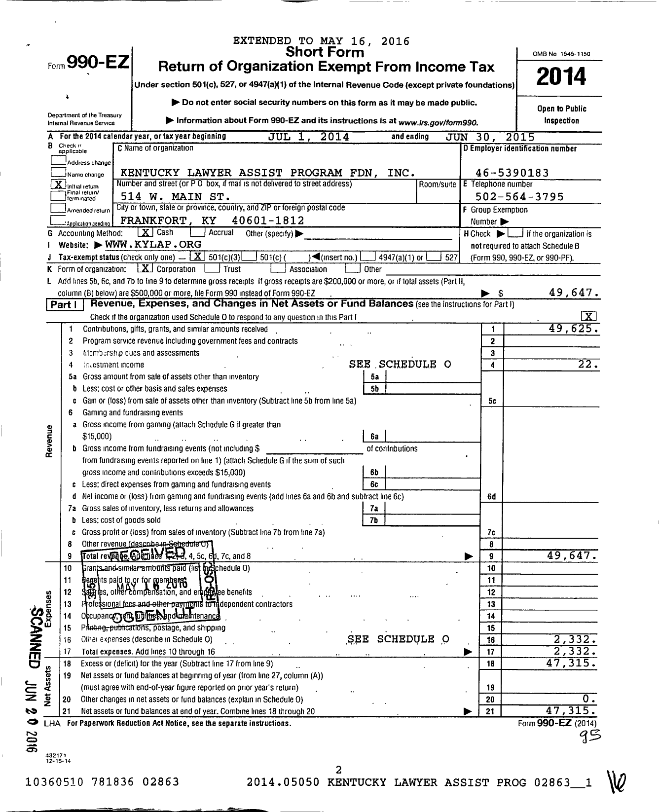 Image of first page of 2014 Form 990EZ for Kentucky Lawyer Assistance Program Foundation