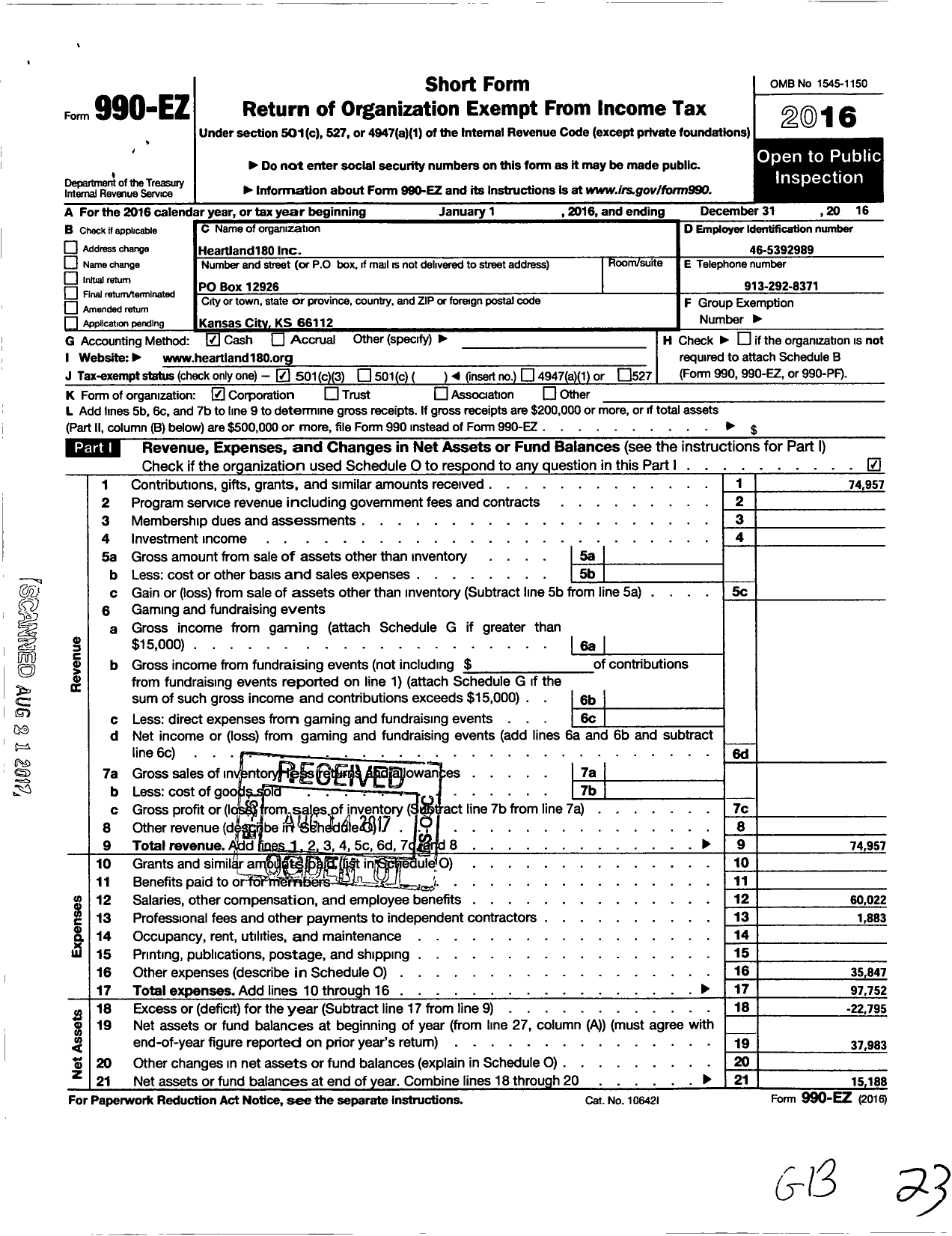 Image of first page of 2016 Form 990EZ for Heartland 180