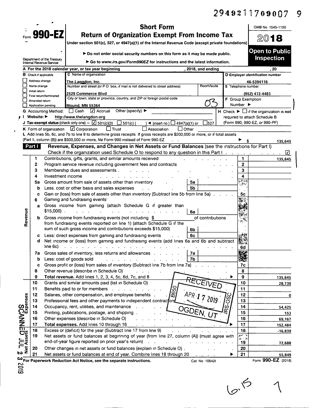 Image of first page of 2018 Form 990EZ for The Langdon