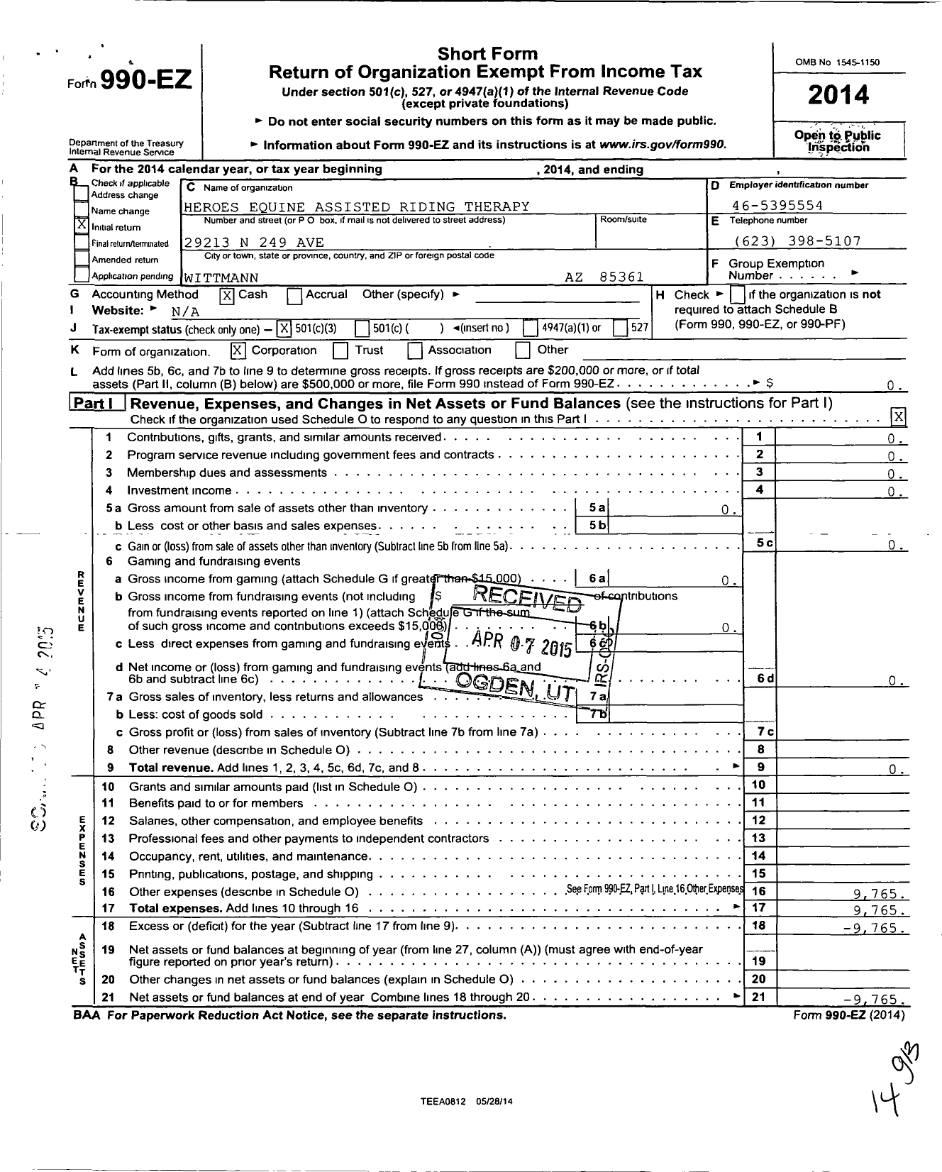 Image of first page of 2014 Form 990EZ for Heroes Equine Assisted Riding Therapy