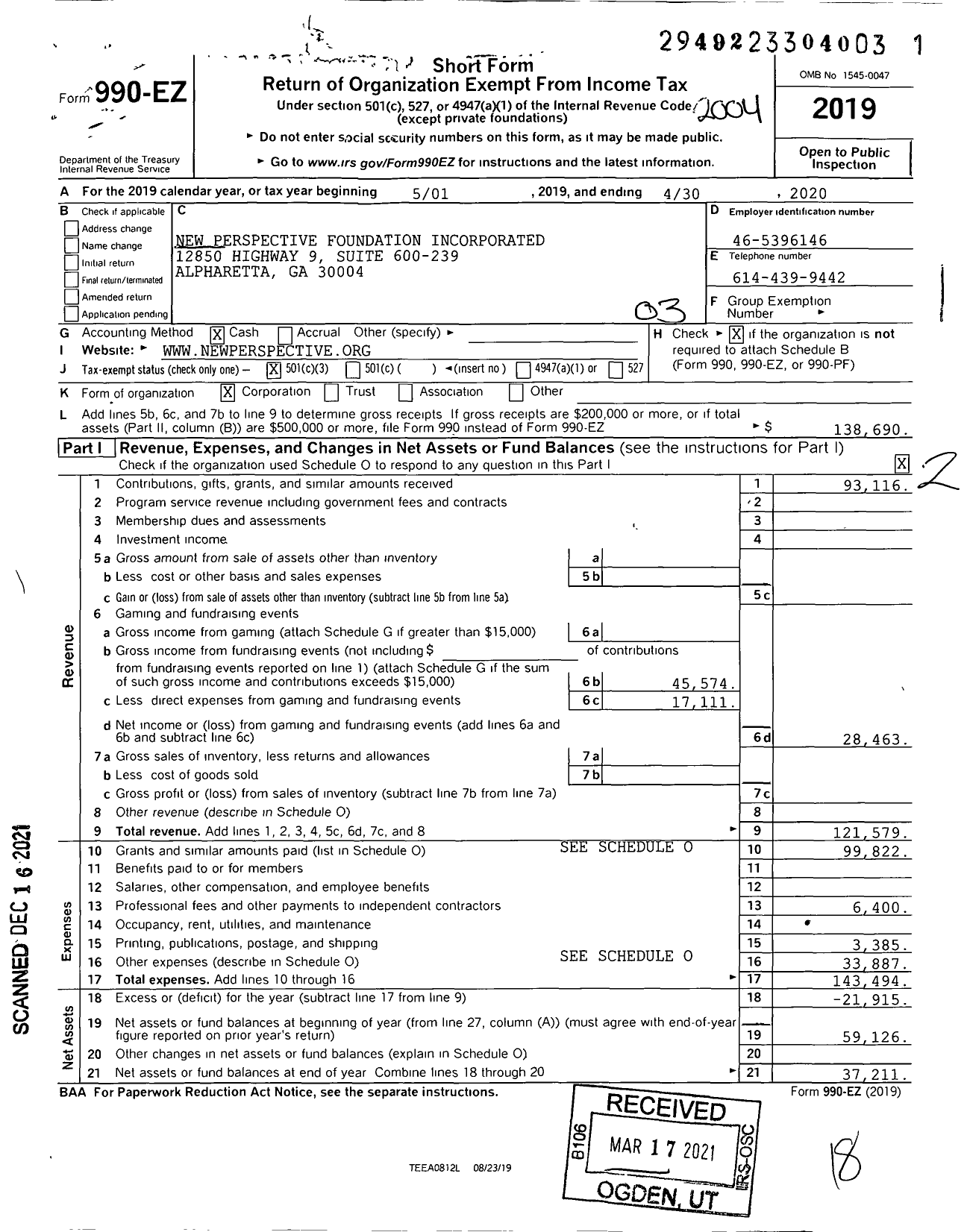 Image of first page of 2019 Form 990EZ for New Perspective Foundation Incorporated