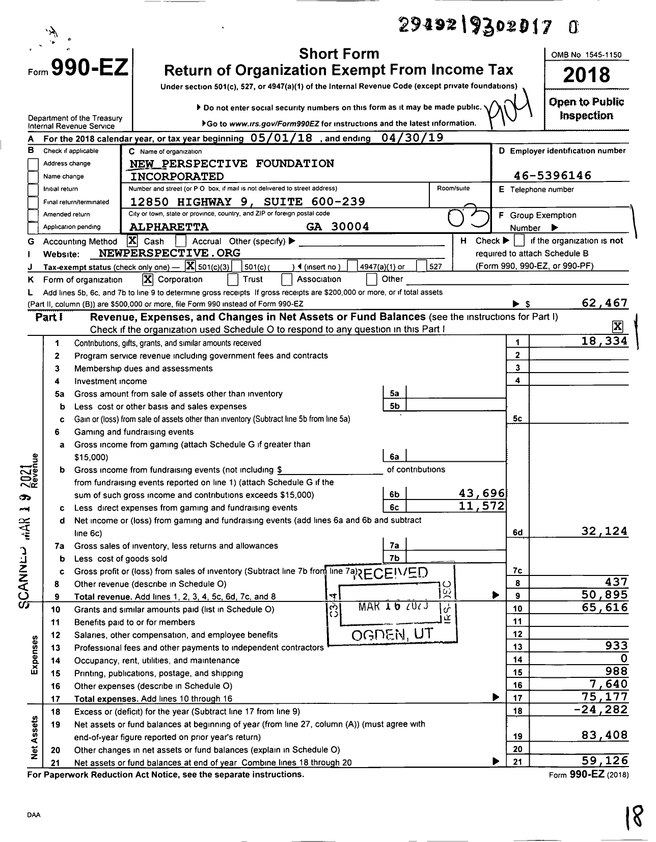 Image of first page of 2018 Form 990EZ for New Perspective Foundation Incorporated