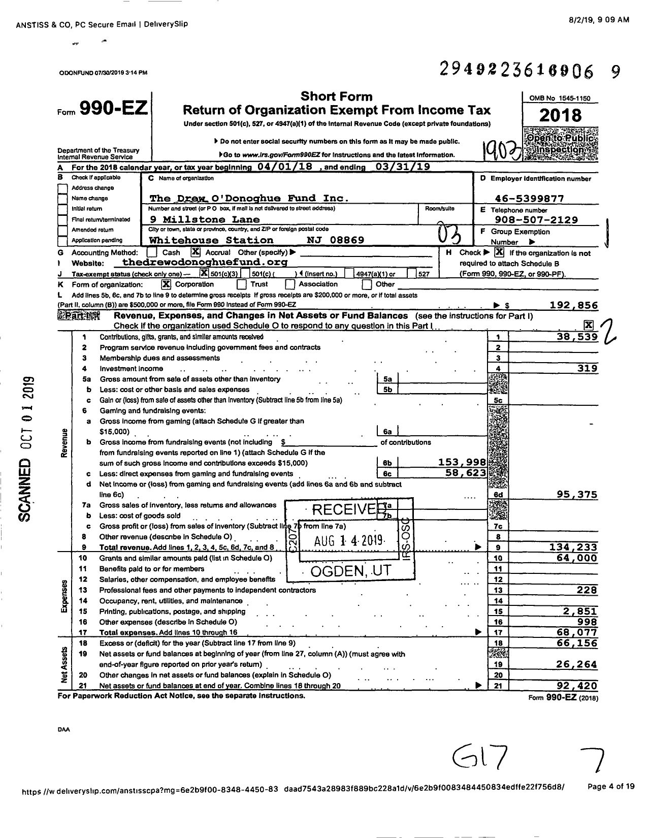 Image of first page of 2018 Form 990EZ for The Drew O'Donoghue Fund