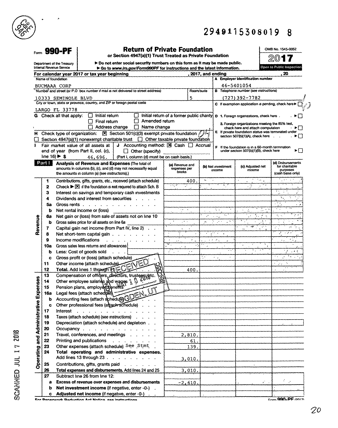 Image of first page of 2017 Form 990PF for BUCMAAA Corporation