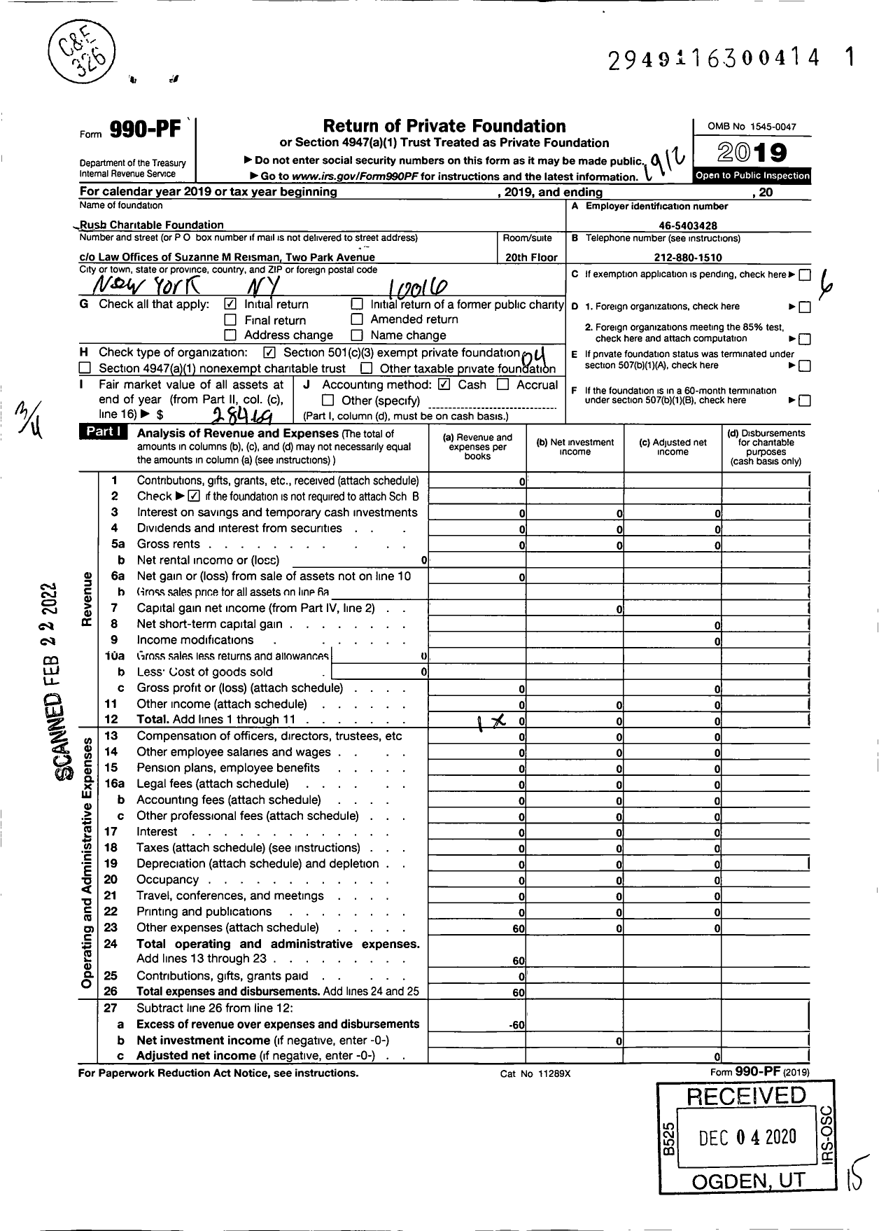 Image of first page of 2019 Form 990PF for Rush Charitable Foundation