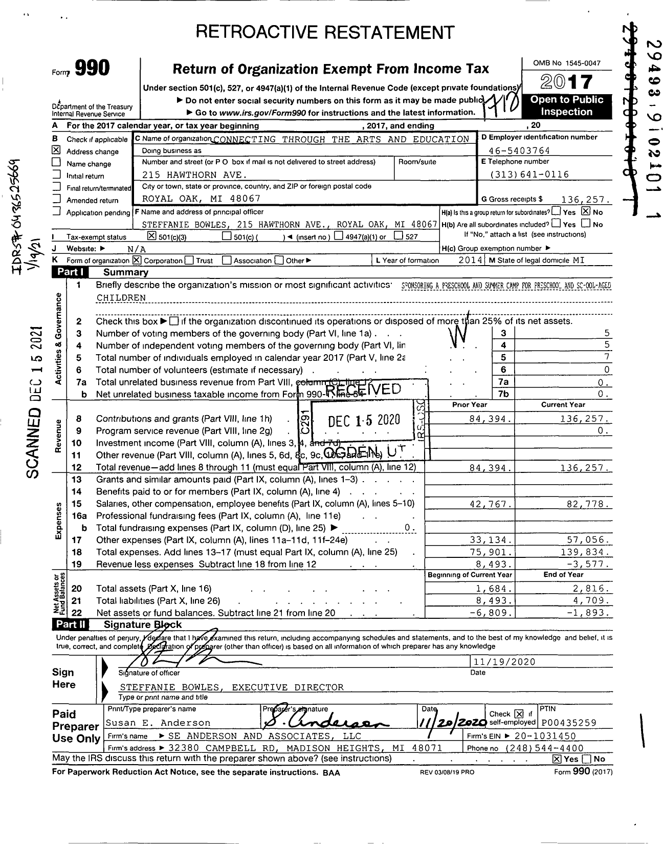 Image of first page of 2017 Form 990 for Connecting Through the Arts and Education