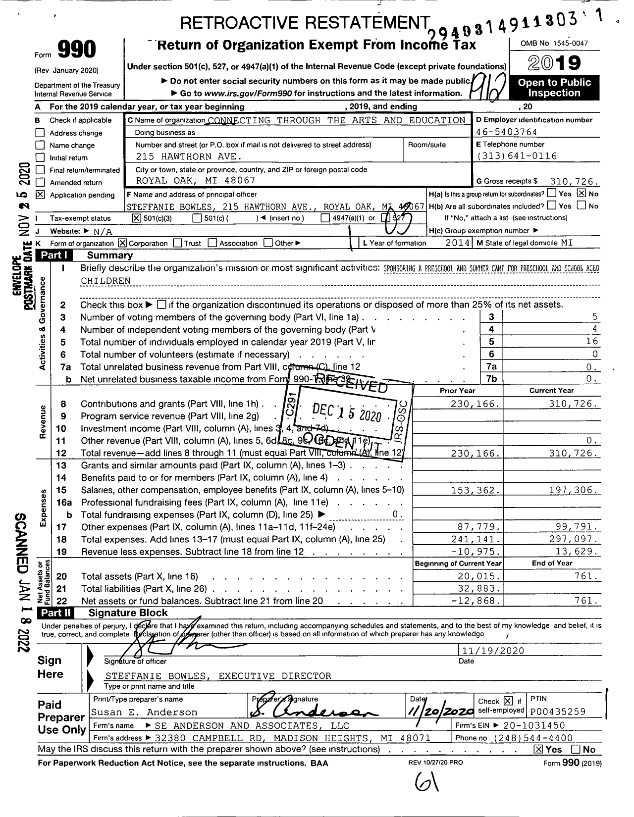 Image of first page of 2019 Form 990 for Connecting Through the Arts and Education