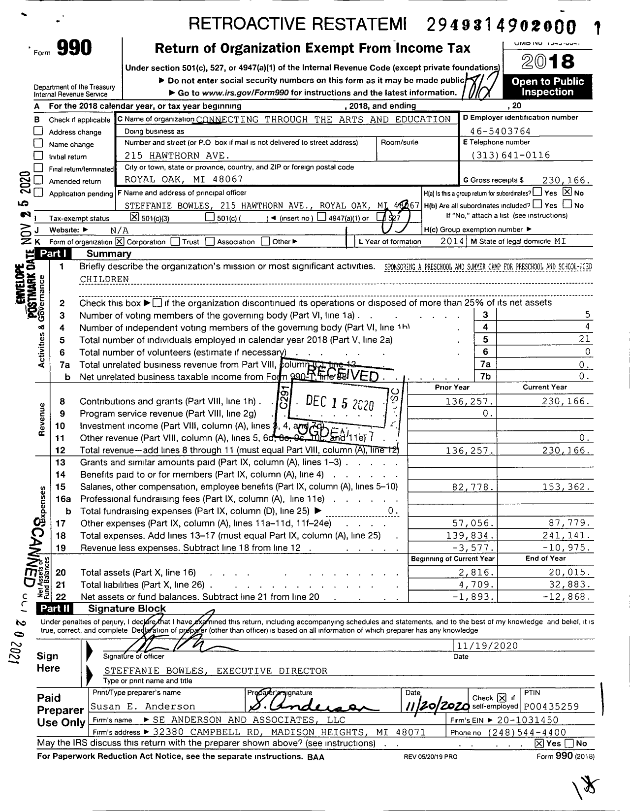 Image of first page of 2018 Form 990 for Connecting Through the Arts and Education