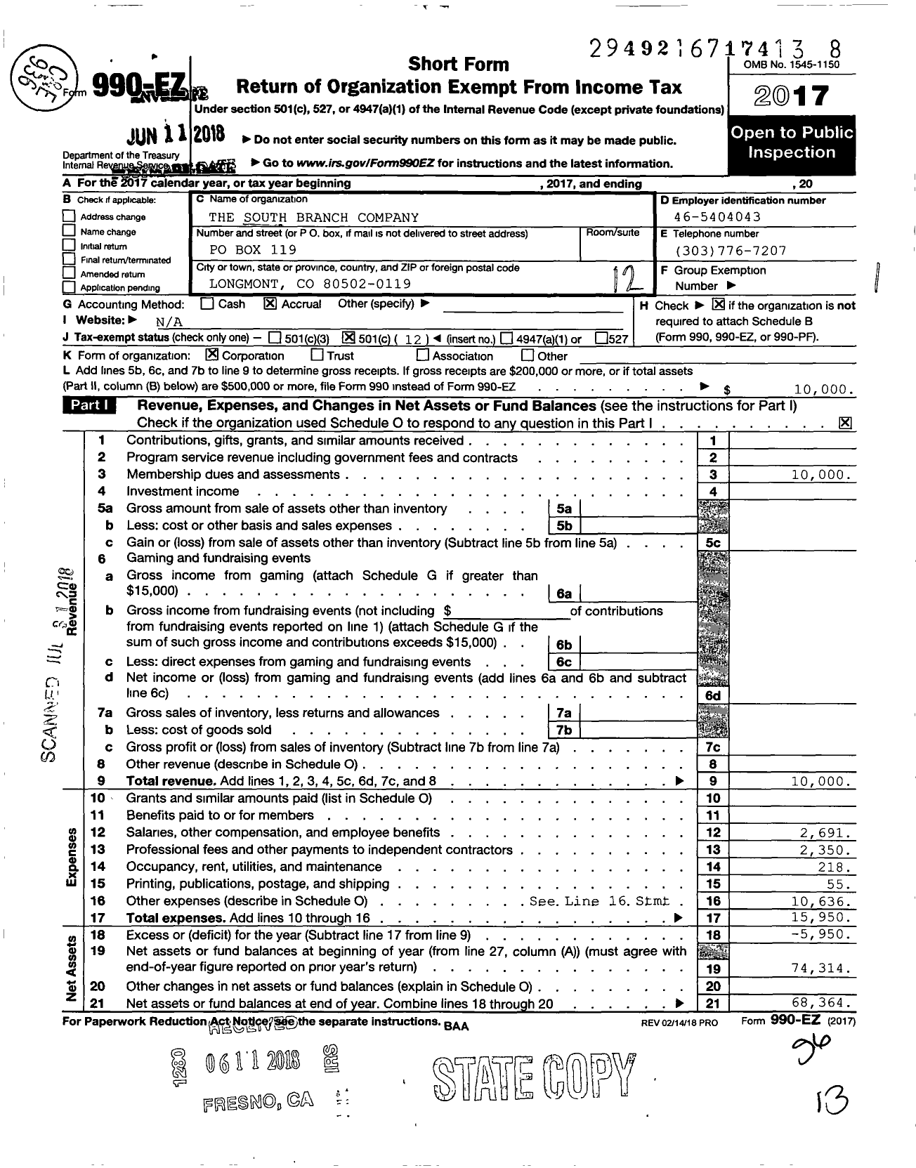 Image of first page of 2017 Form 990EO for South Branch Company