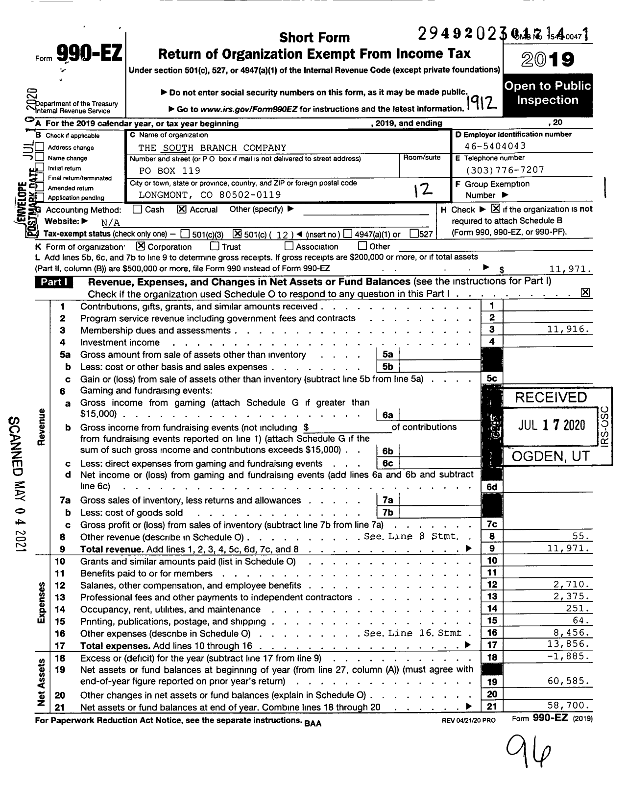 Image of first page of 2019 Form 990EO for South Branch Company