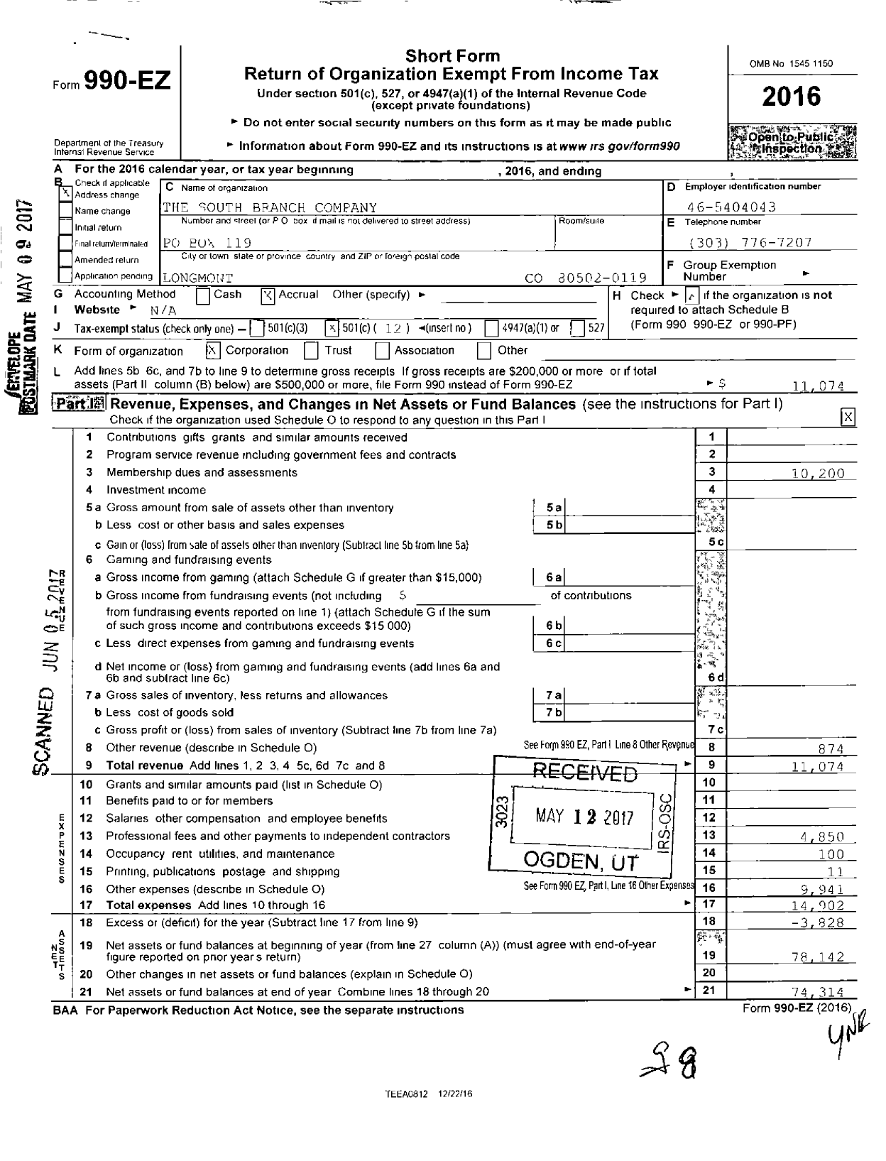 Image of first page of 2016 Form 990EO for South Branch Company