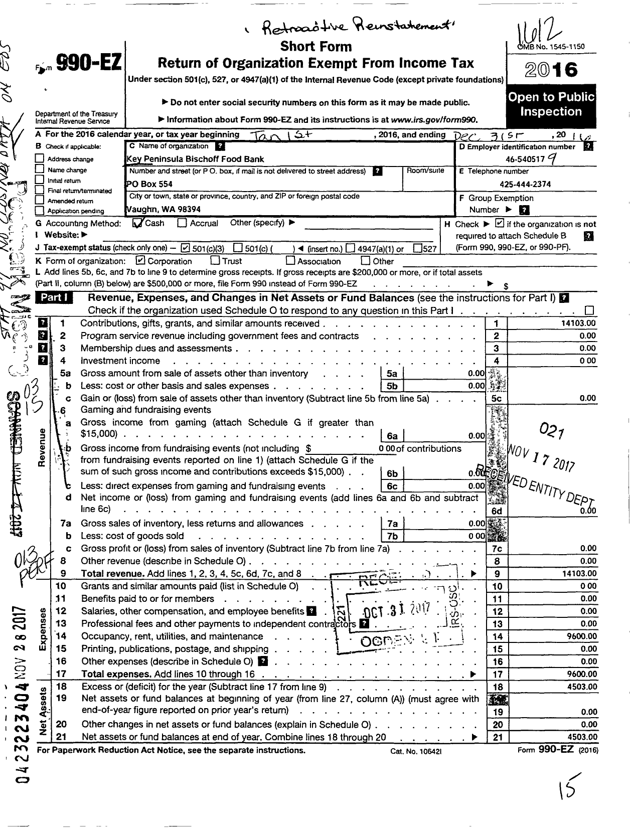 Image of first page of 2016 Form 990EZ for Key Peninsula Bischoff Food Bank