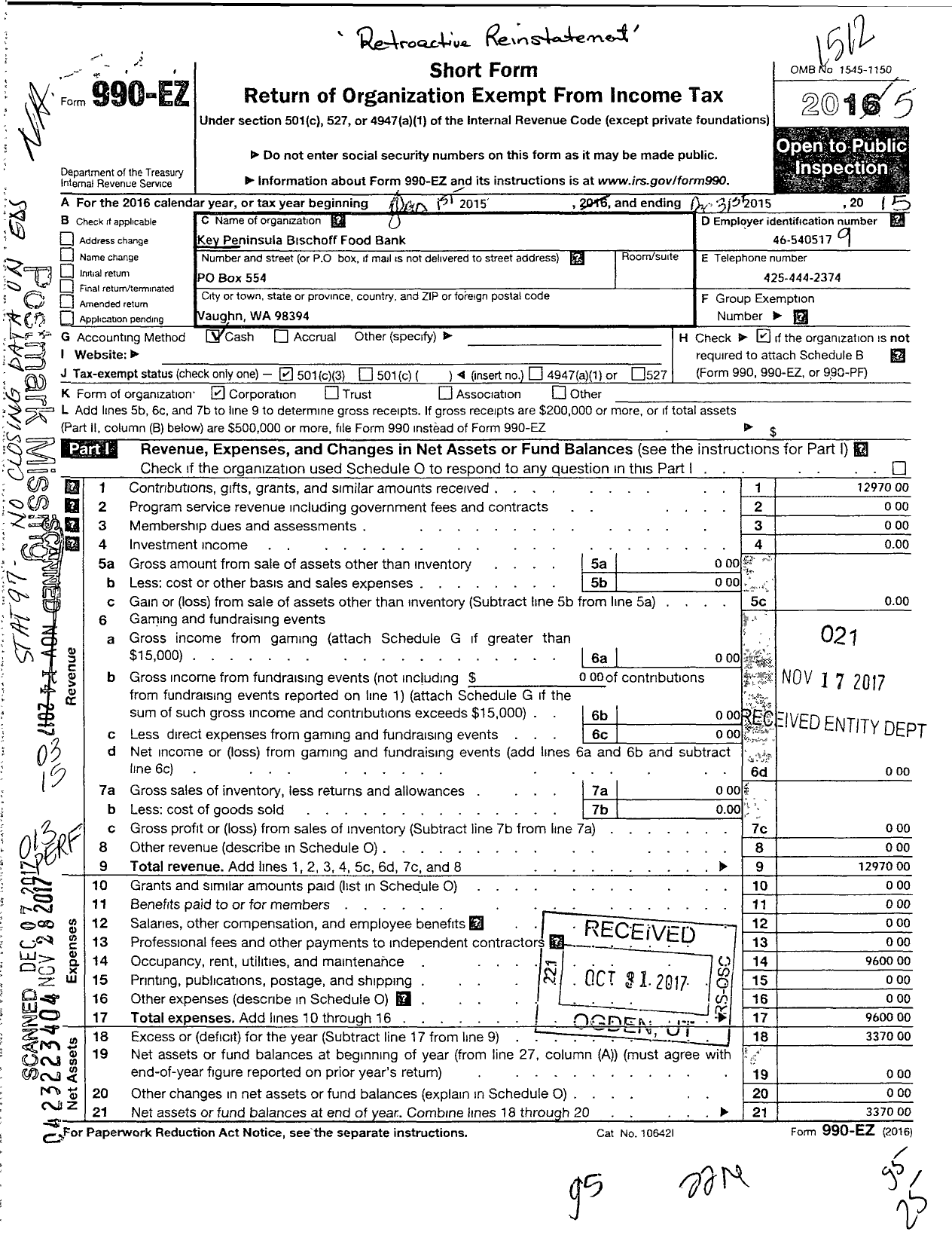 Image of first page of 2014 Form 990EZ for Key Peninsula Bischoff Food Bank