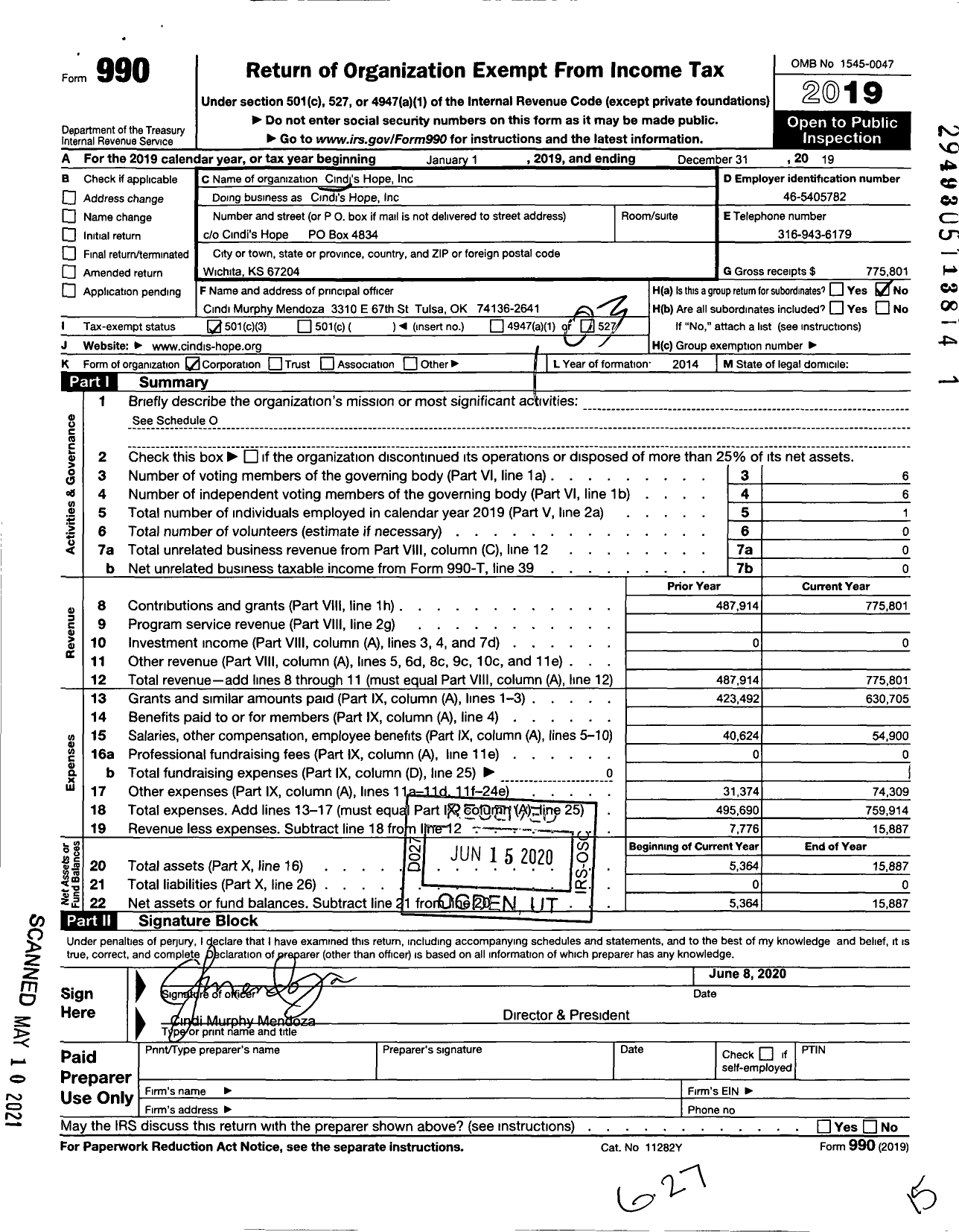 Image of first page of 2019 Form 990 for Cindi's Hope