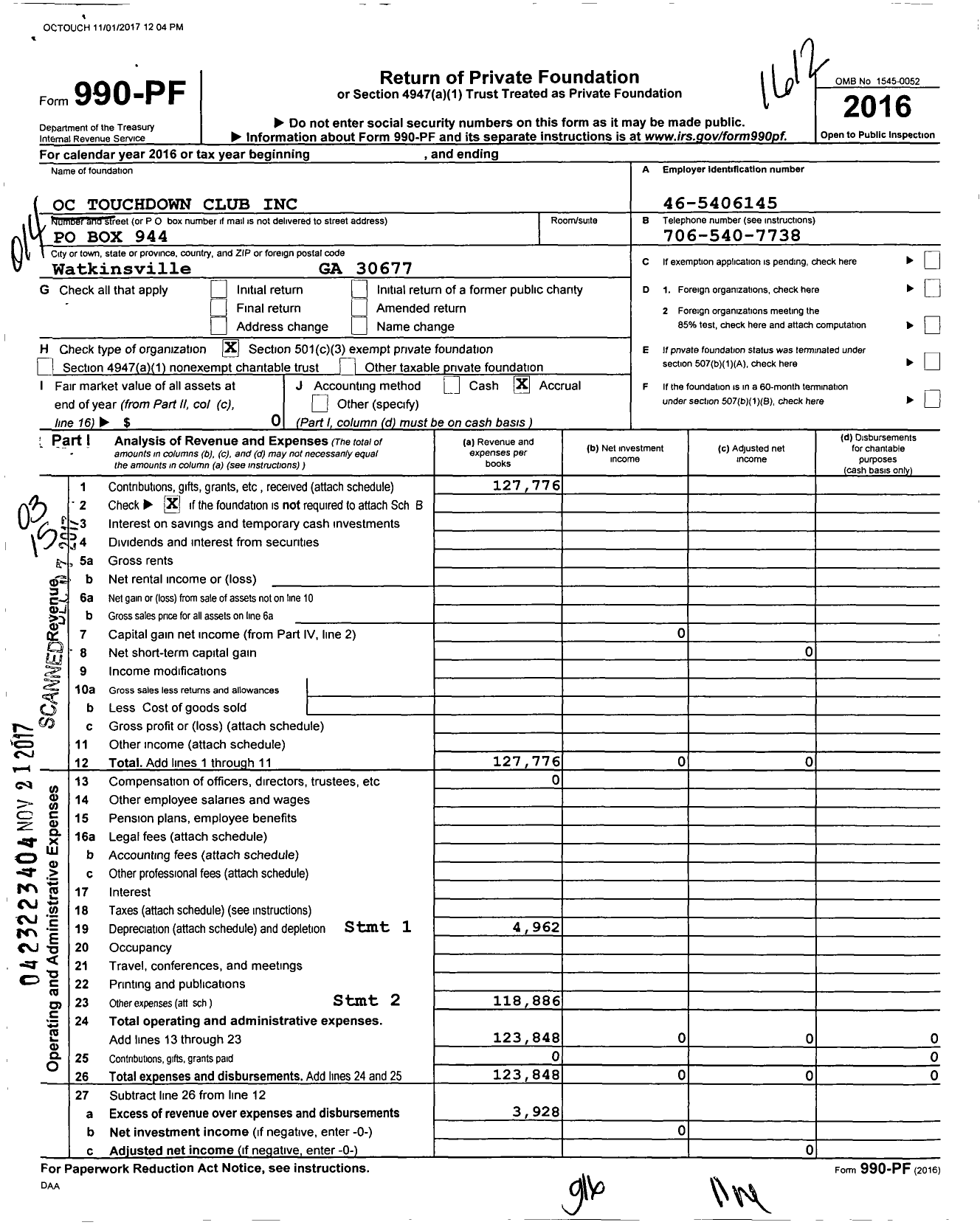 Image of first page of 2016 Form 990PF for Oc Touchdown Club