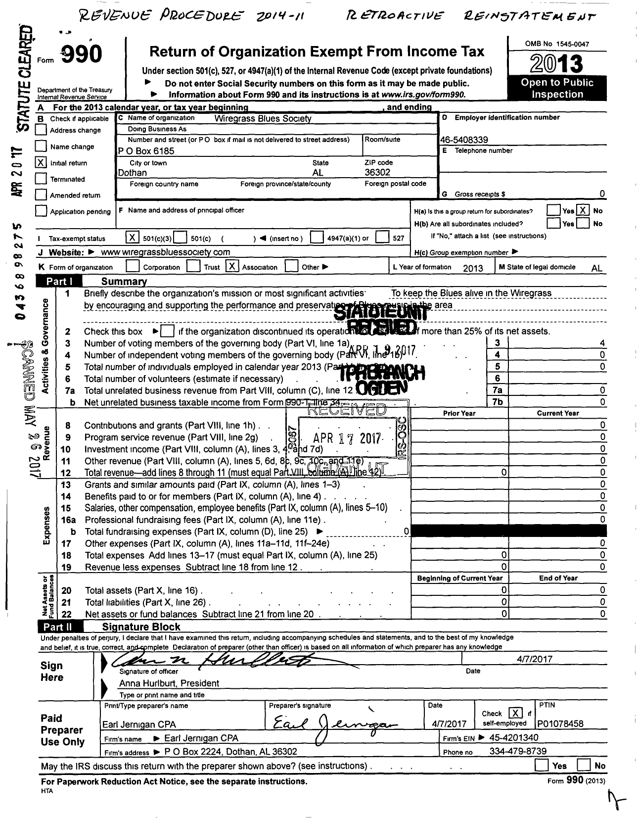 Image of first page of 2013 Form 990 for Wiregrass Blues Society