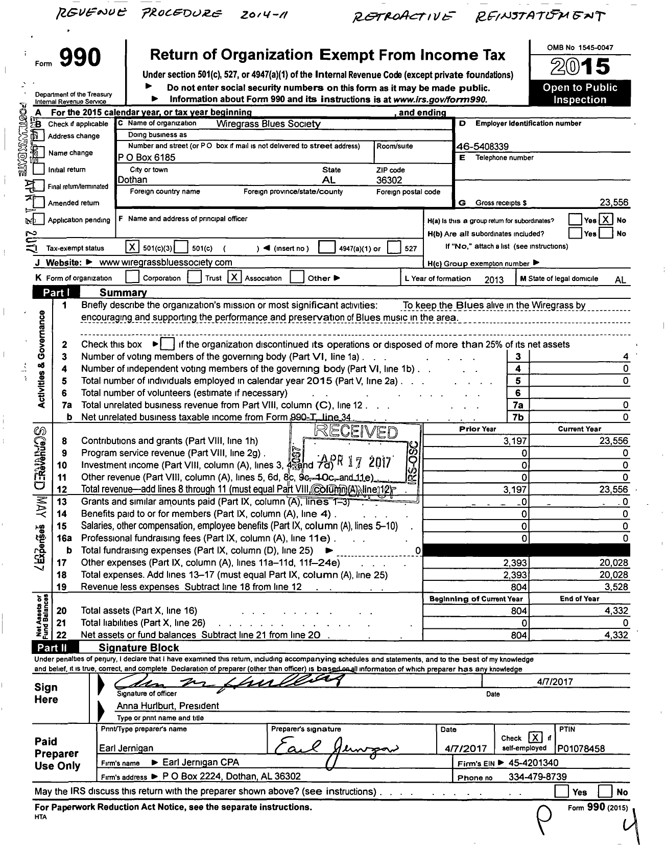 Image of first page of 2015 Form 990 for Wiregrass Blues Society