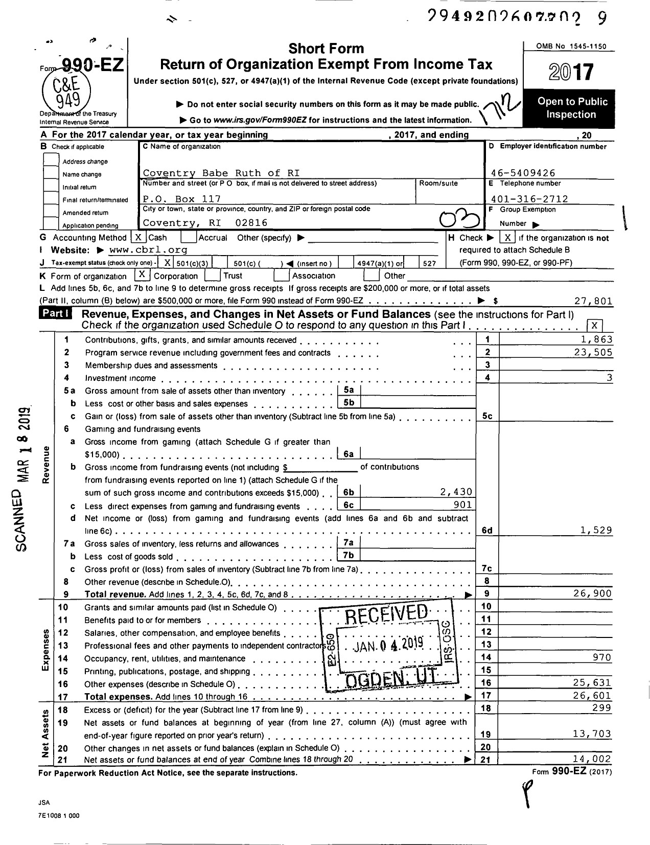 Image of first page of 2017 Form 990EZ for Coventry Babe Ruth League of Ri