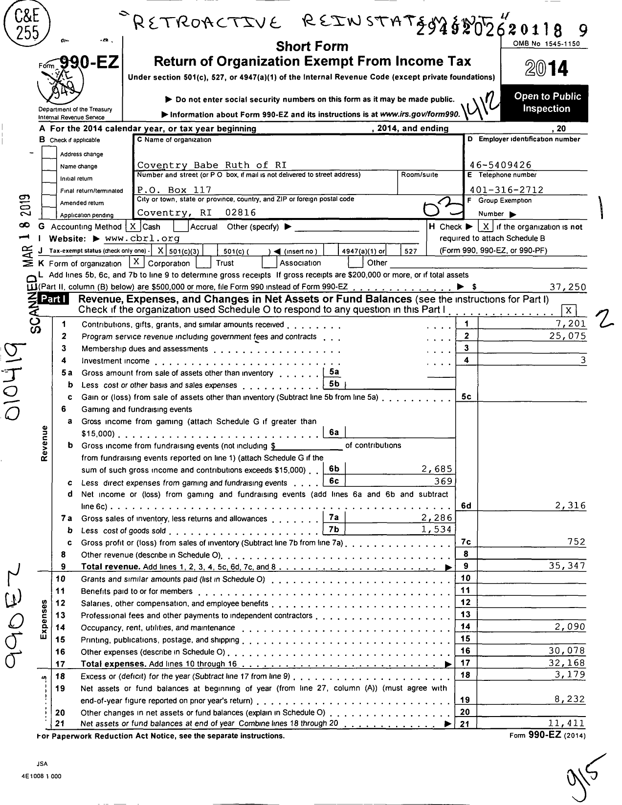 Image of first page of 2014 Form 990EZ for Coventry Babe Ruth League of Ri