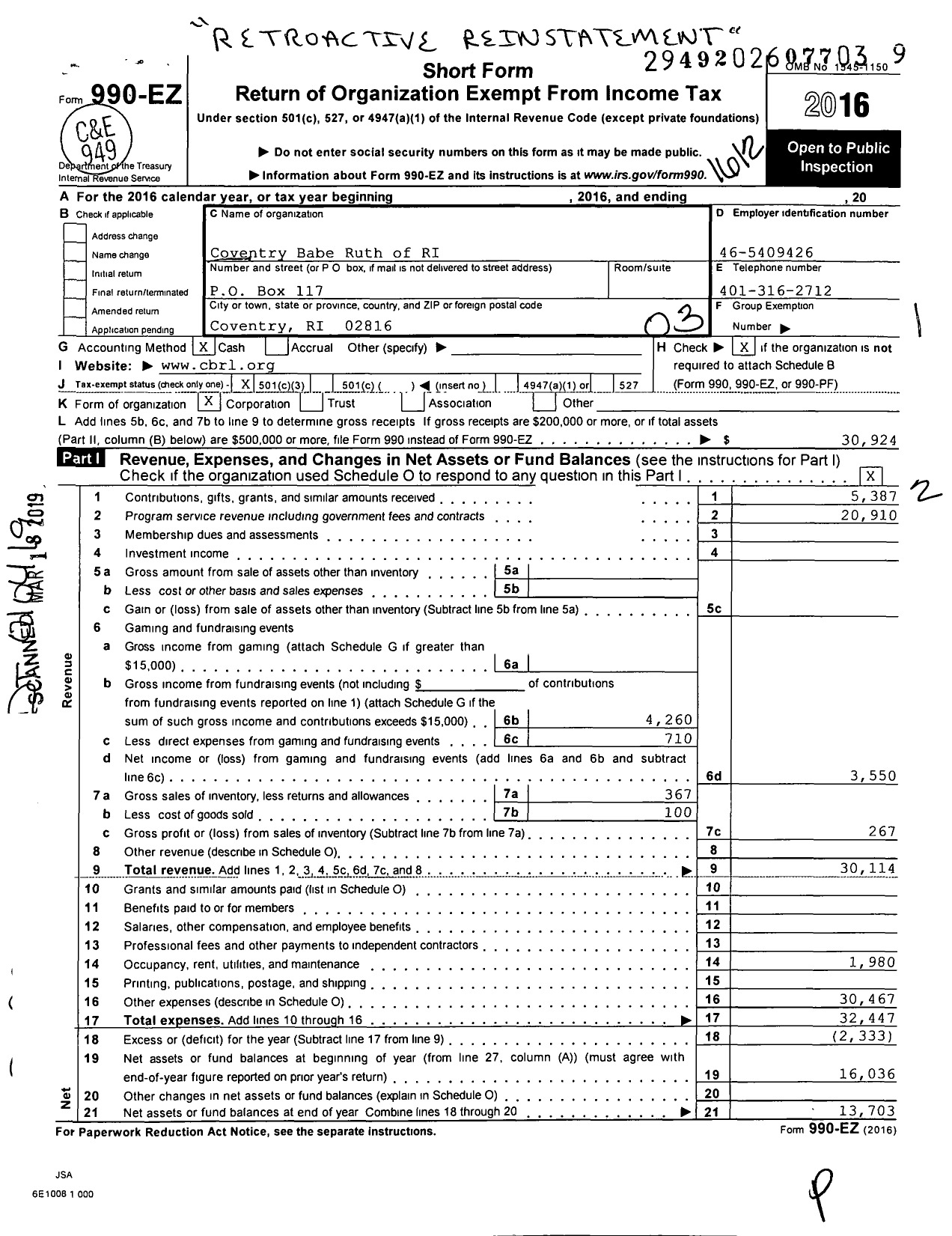 Image of first page of 2016 Form 990EZ for Coventry Babe Ruth League of Ri