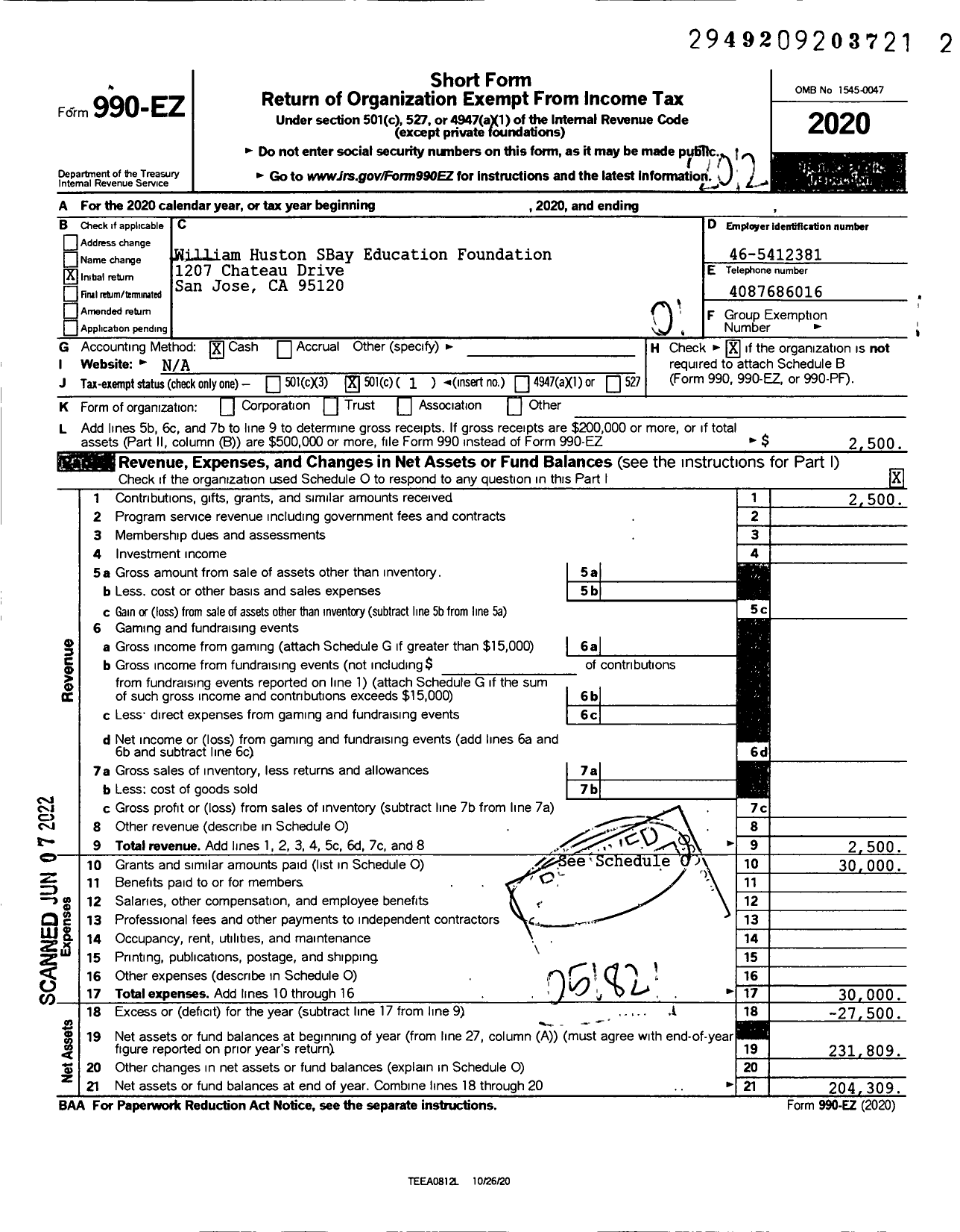 Image of first page of 2020 Form 990EO for Huston Family South Bay Education Foundation