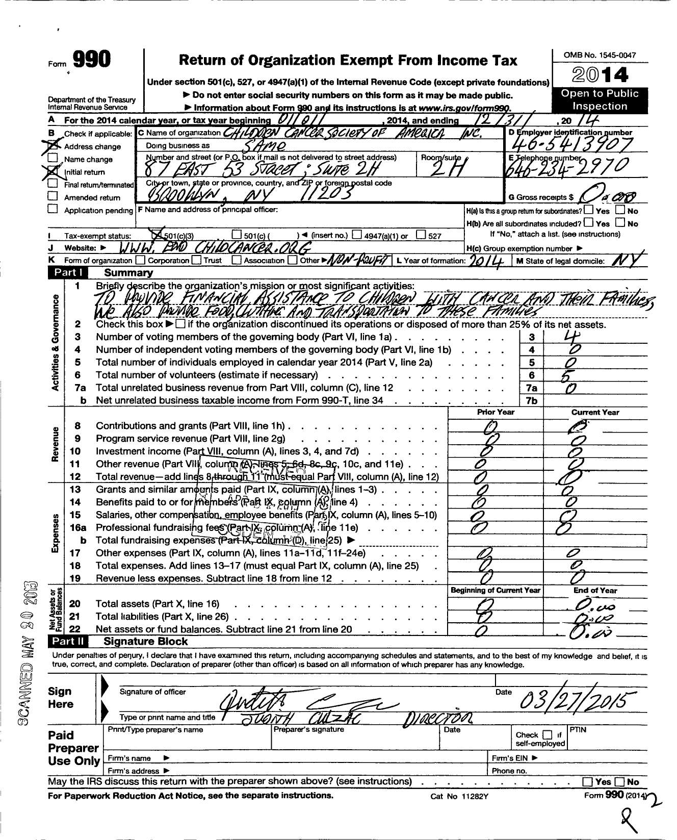 Image of first page of 2014 Form 990 for Children Cancer Society of America