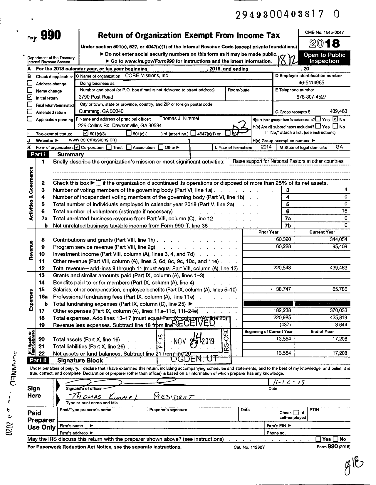 Image of first page of 2018 Form 990 for Core Missions