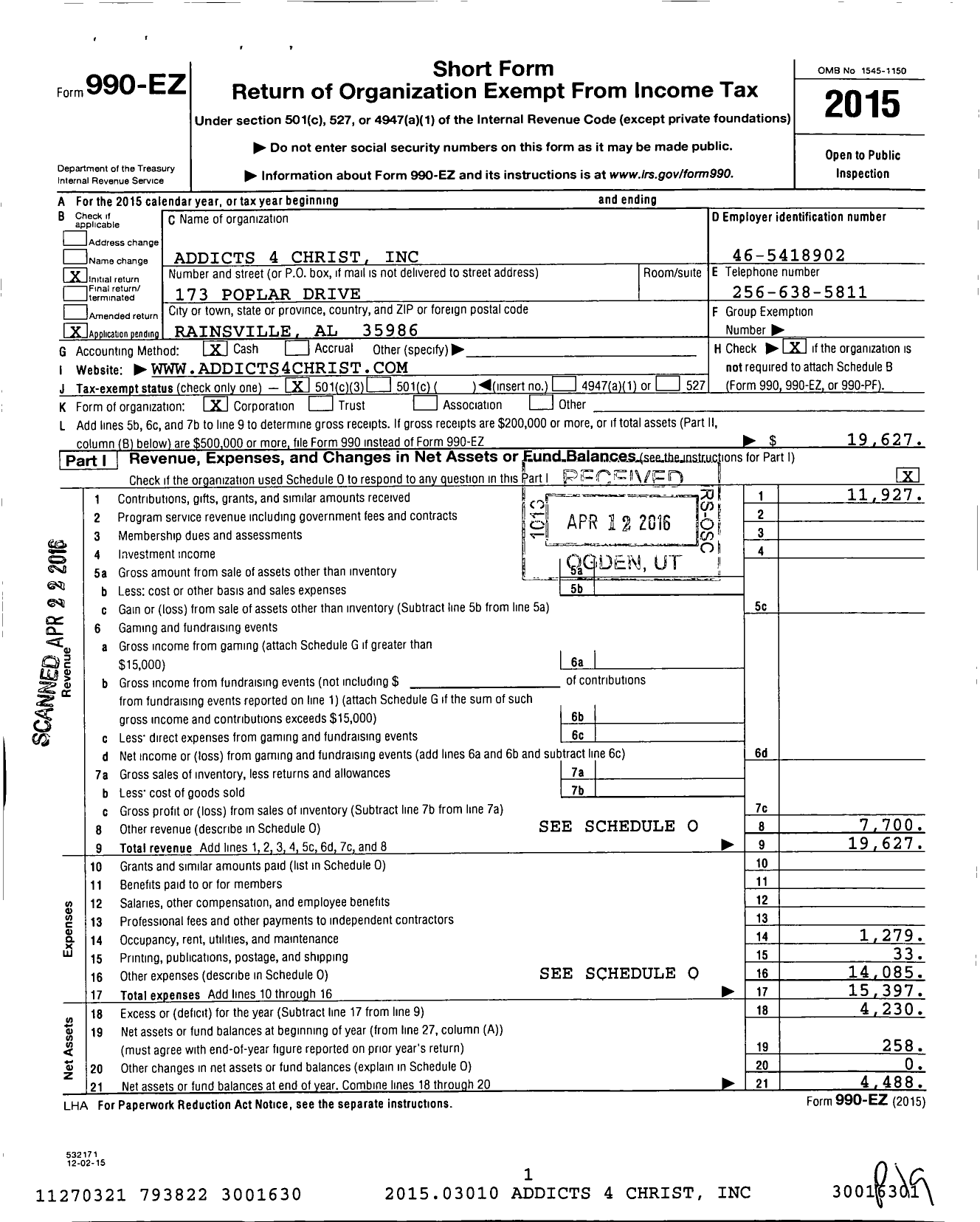 Image of first page of 2015 Form 990EZ for Addicts for Christ