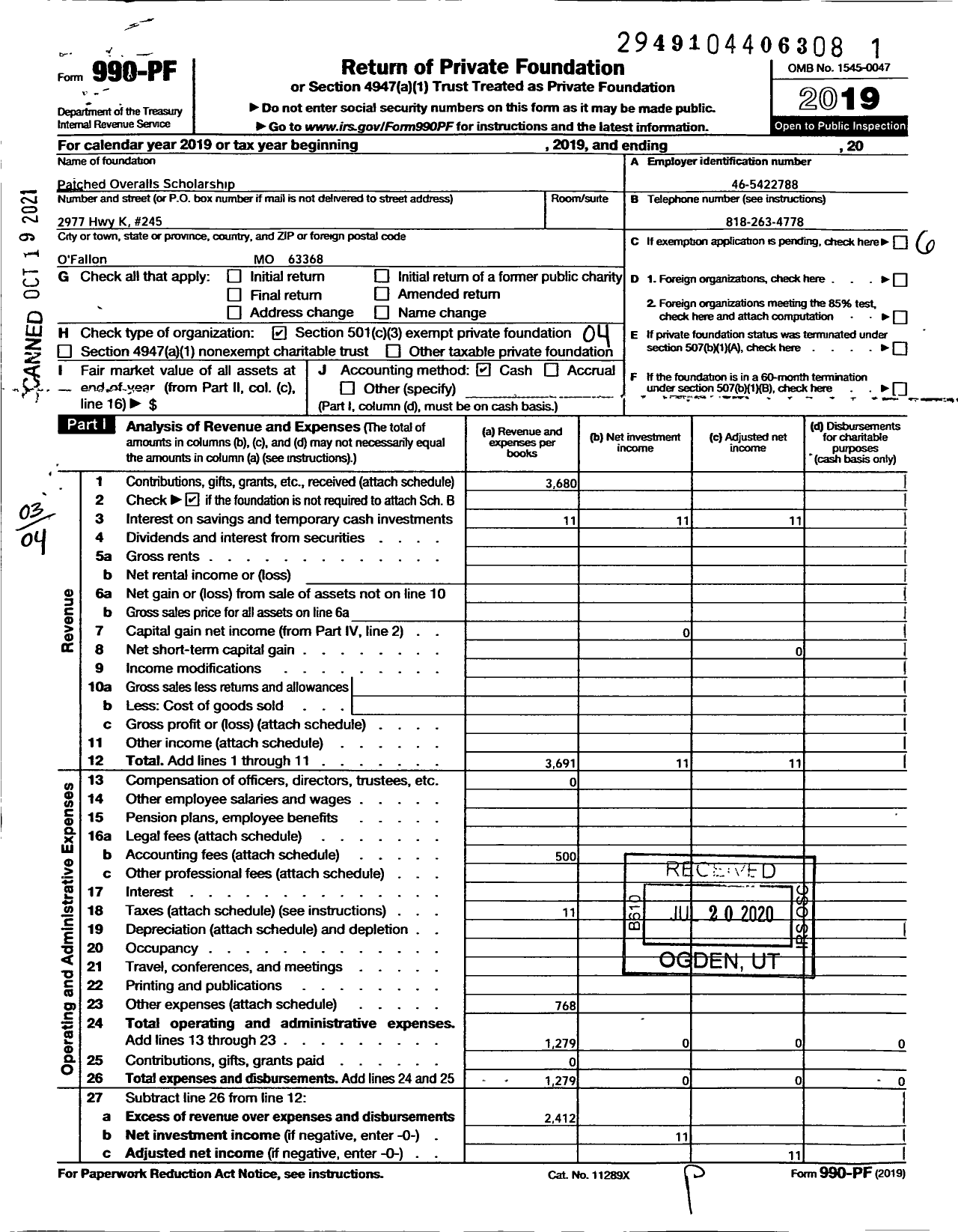 Image of first page of 2019 Form 990PF for Patched Overalls Scholarship