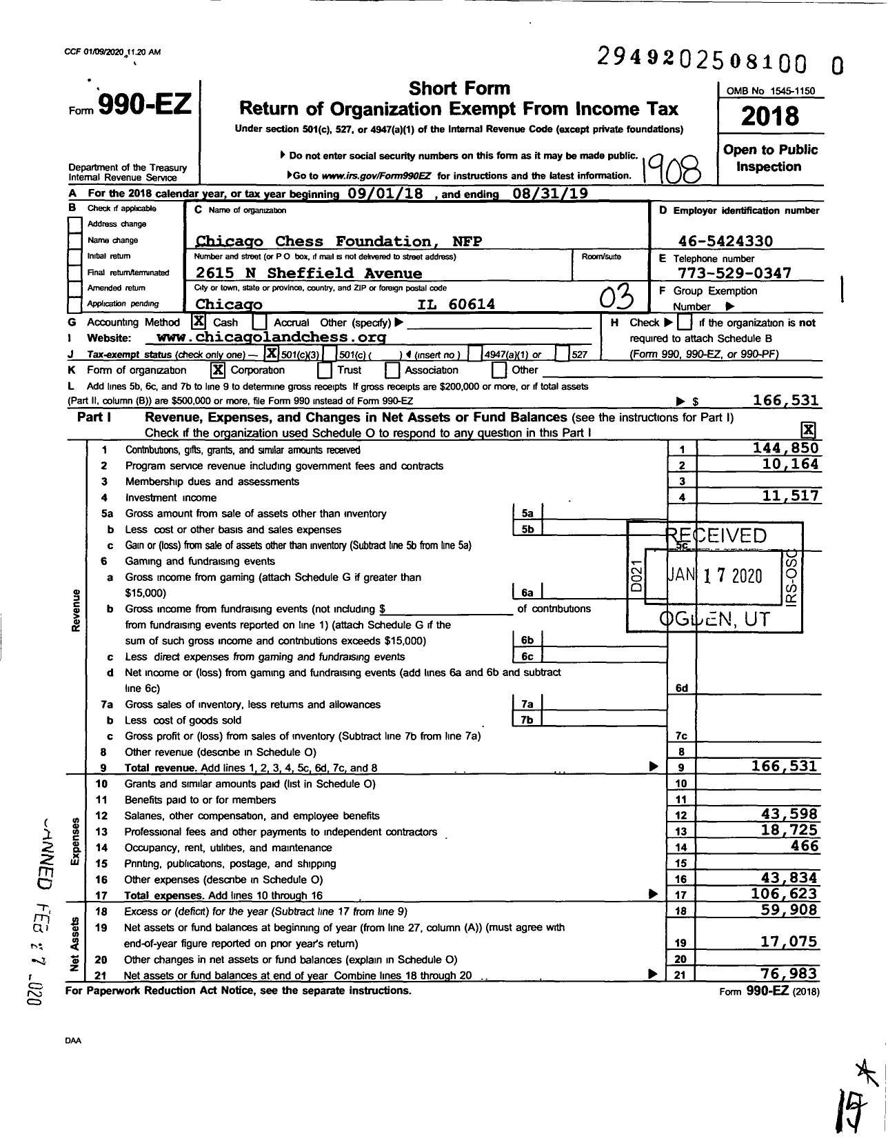 Image of first page of 2018 Form 990EZ for Chicago Chess Foundation