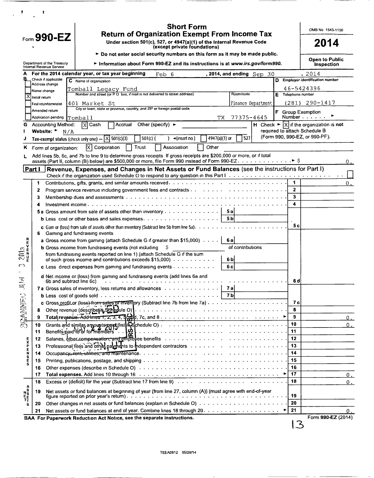 Image of first page of 2013 Form 990EZ for Tomball Legacy Fund