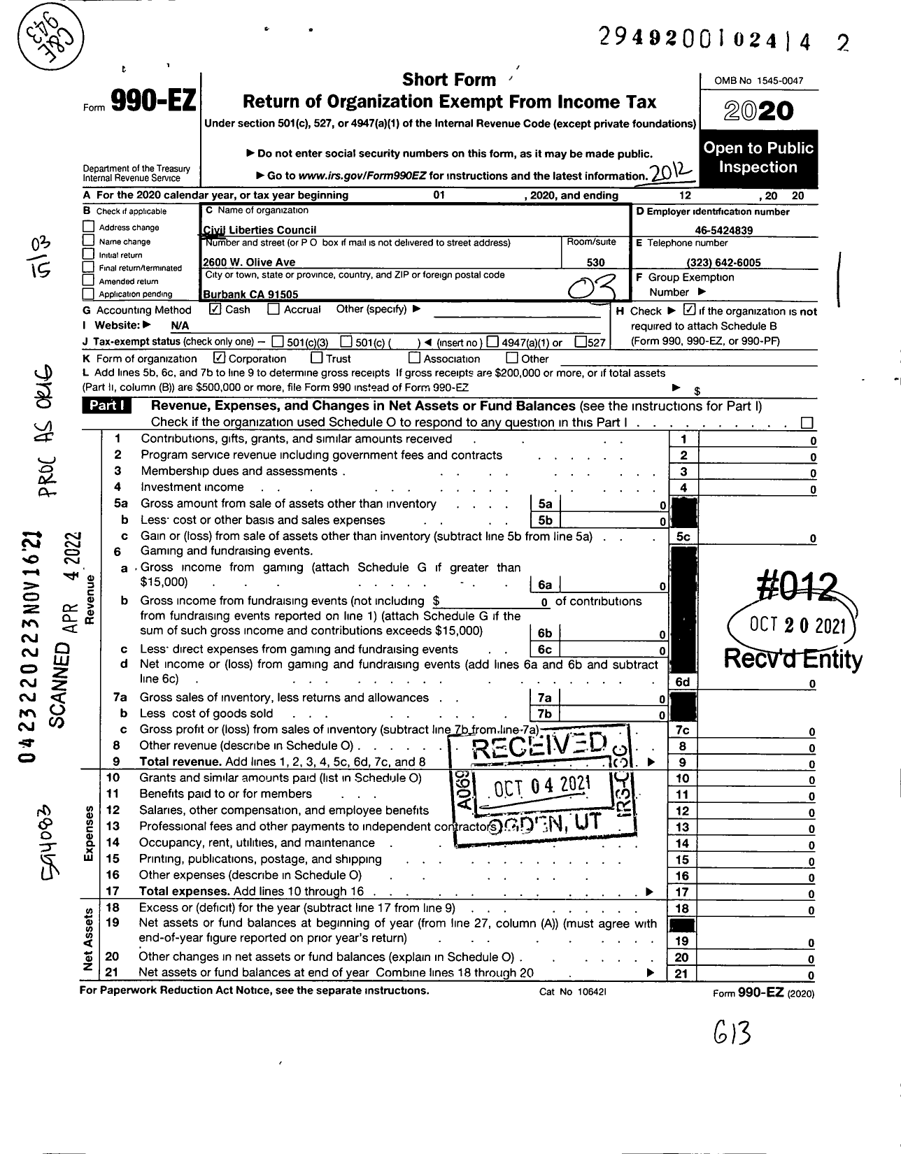 Image of first page of 2020 Form 990EZ for Civil Liberties Council