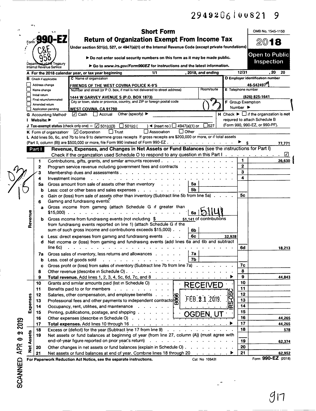 Image of first page of 2018 Form 990EZ for Friends of the West Covina Police K9-S