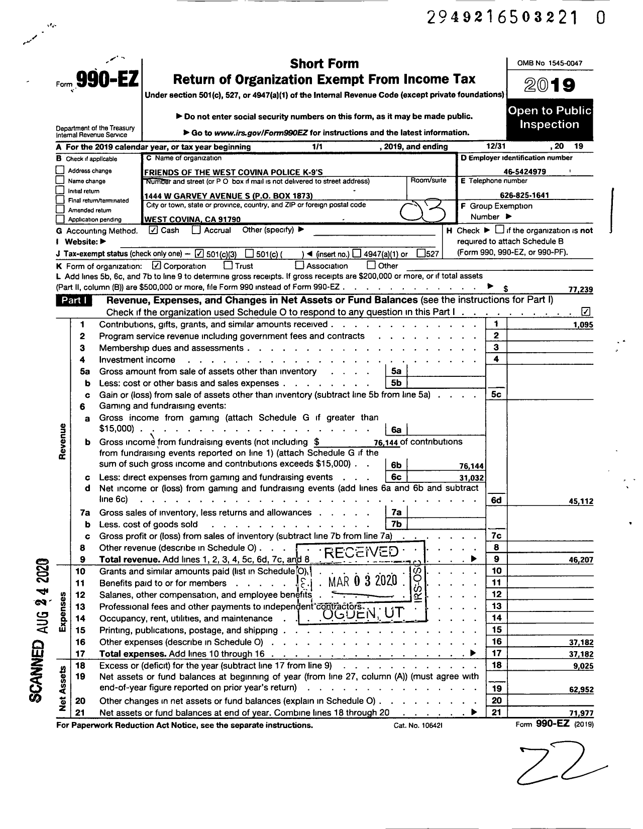 Image of first page of 2019 Form 990EZ for Friends of the West Covina Police K9-S