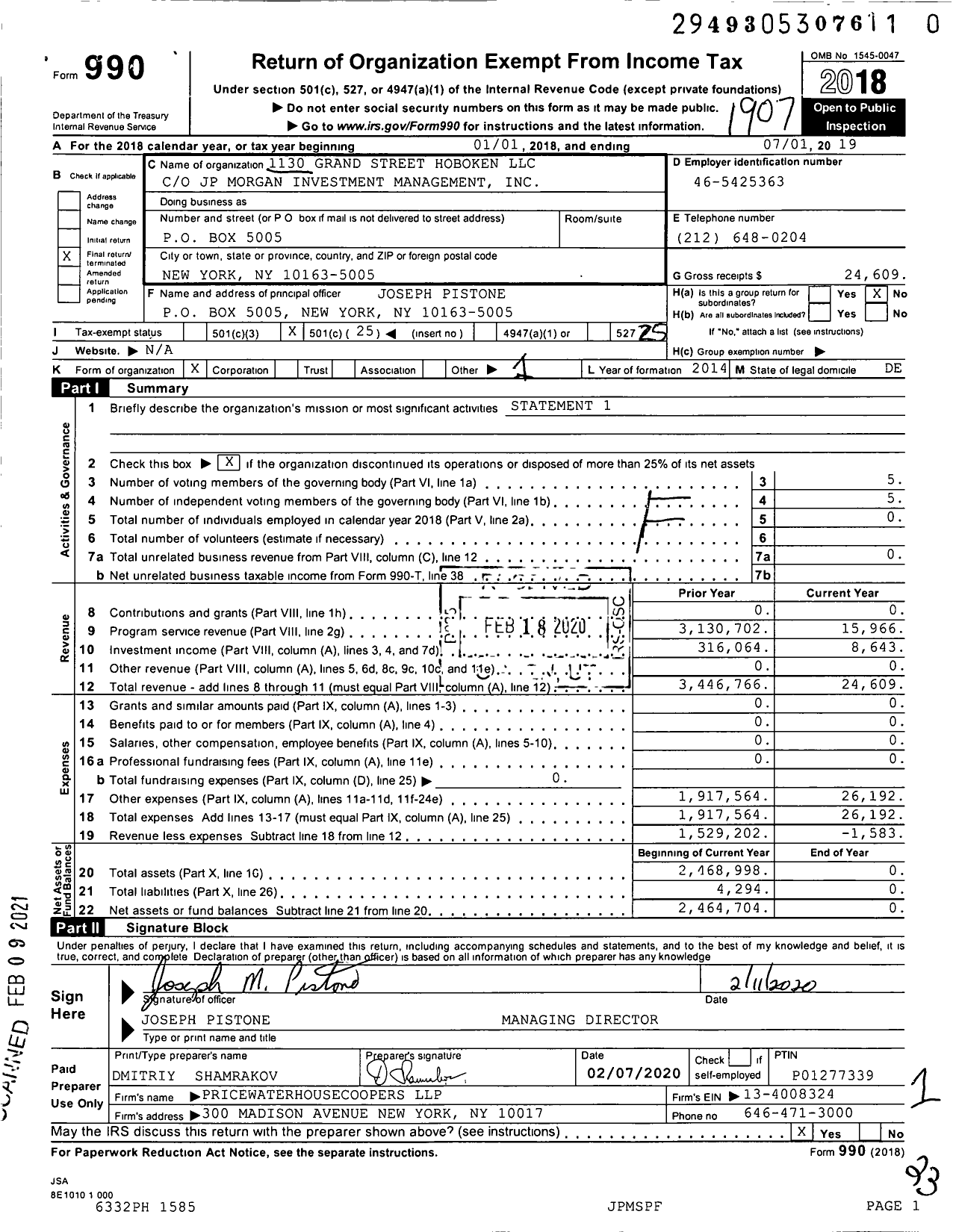 Image of first page of 2018 Form 990O for 1130 Grand Street Hoboken LLC