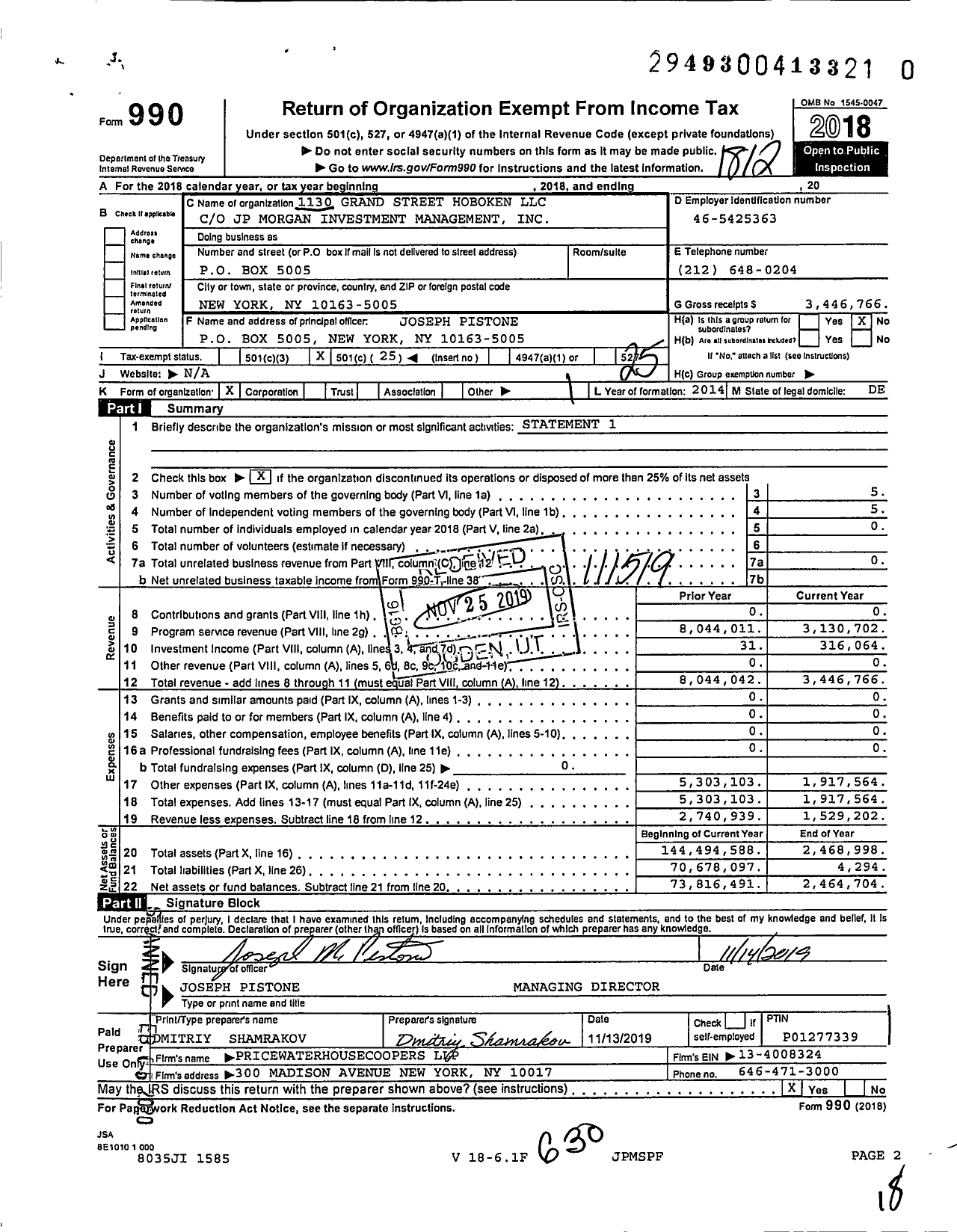 Image of first page of 2018 Form 990O for 1130 Grand Street Hoboken LLC