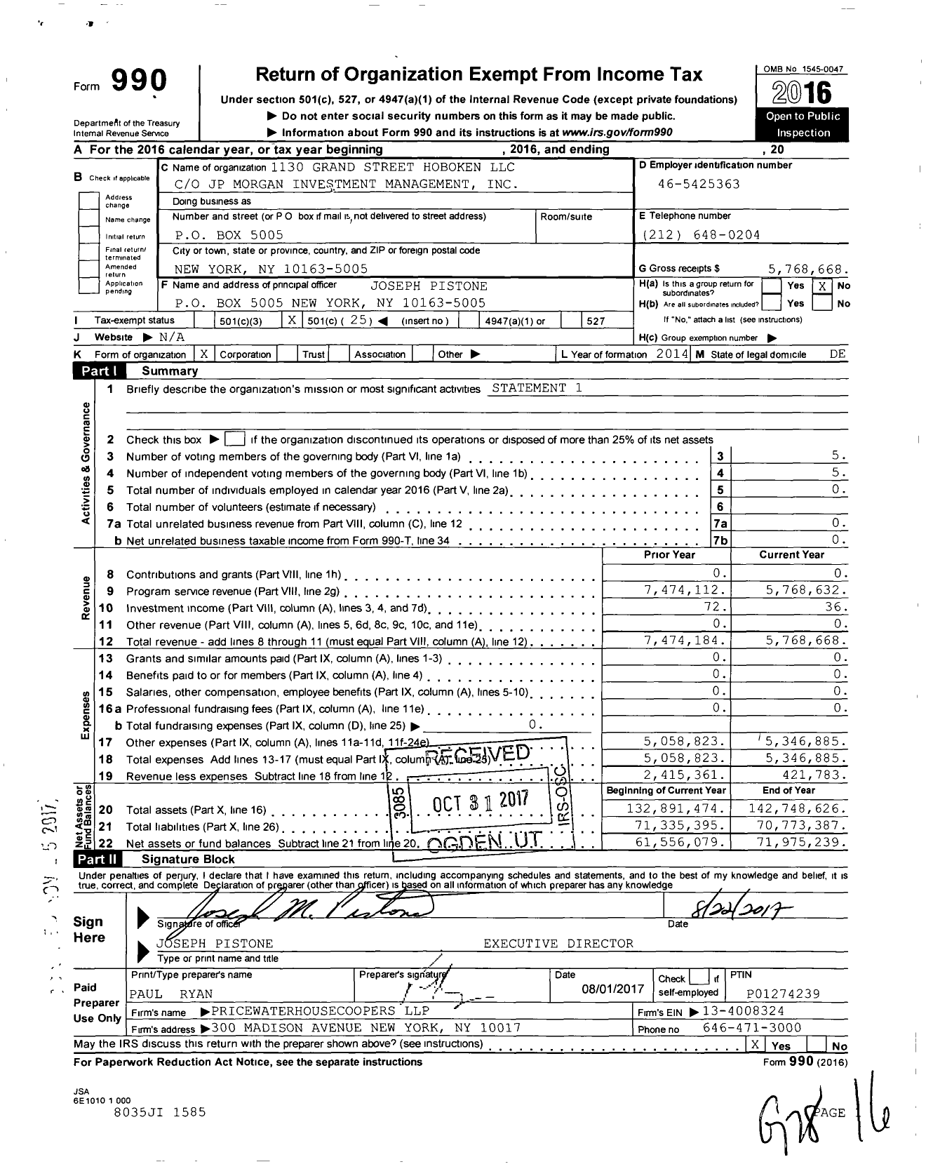 Image of first page of 2016 Form 990O for 1130 Grand Street Hoboken LLC