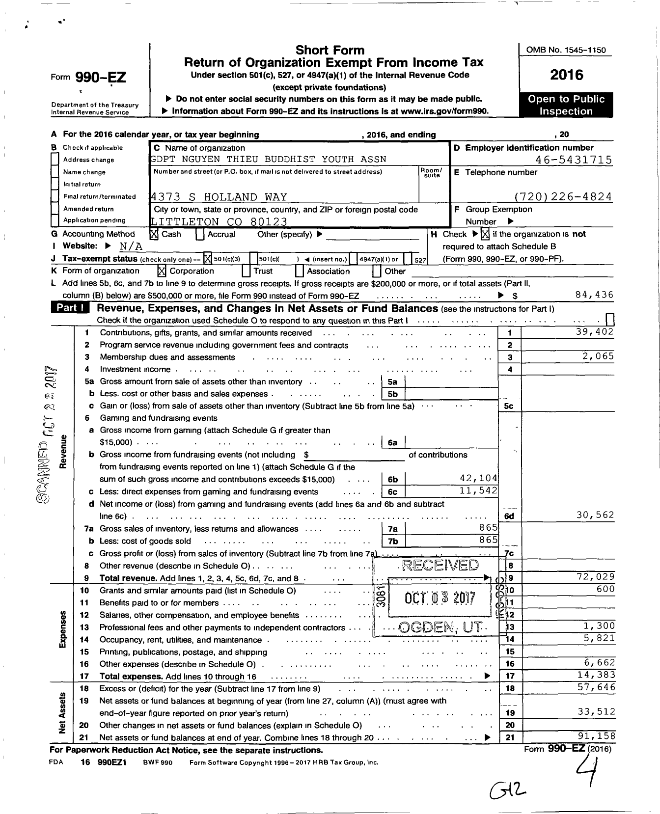 Image of first page of 2016 Form 990EZ for GDPT Nguyen Thieu Buddhist Youth Association