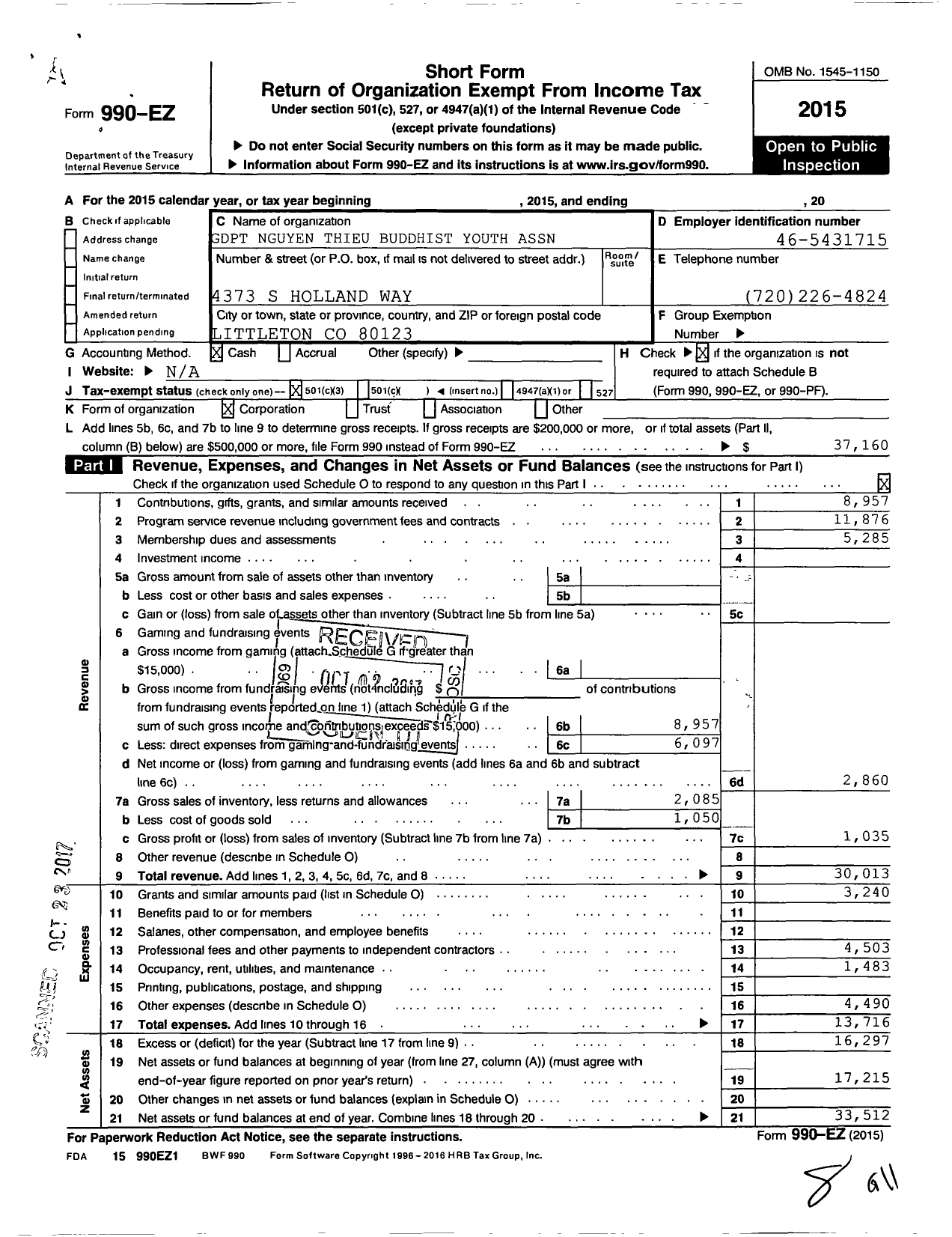 Image of first page of 2015 Form 990EZ for GDPT Nguyen Thieu Buddhist Youth Association