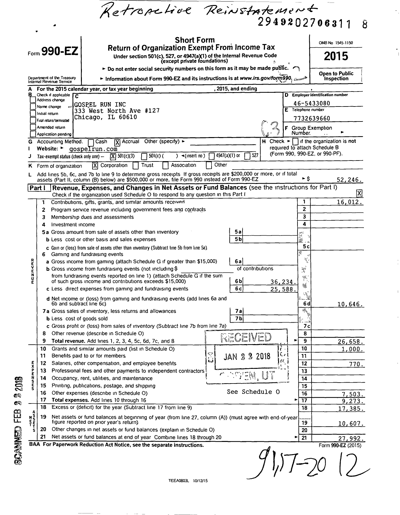 Image of first page of 2015 Form 990EZ for Gospel Run