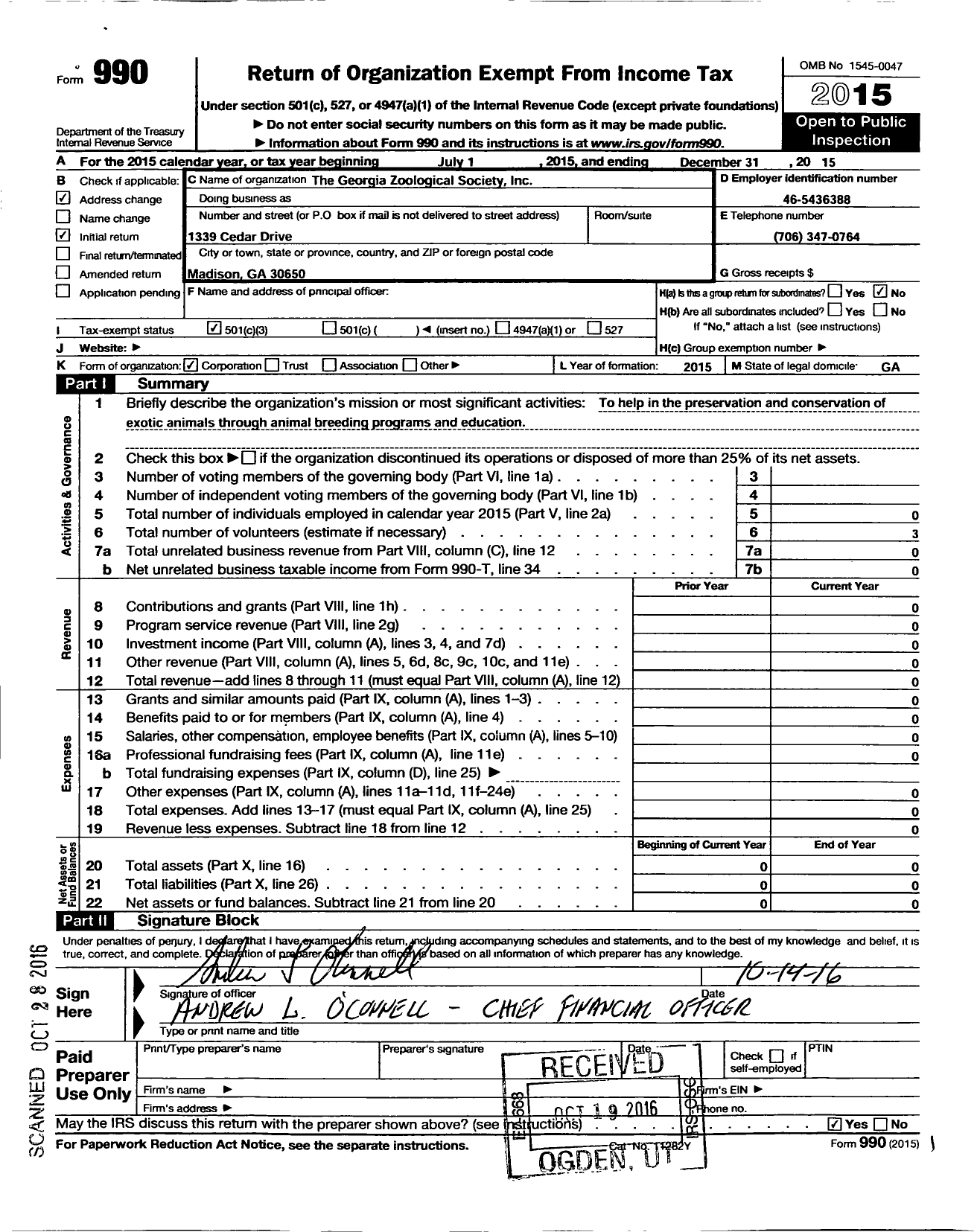 Image of first page of 2015 Form 990 for Georgia Zoological Society