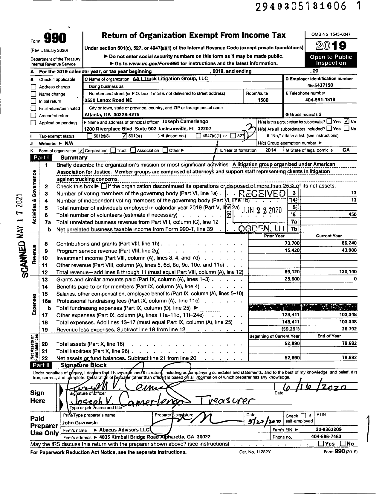 Image of first page of 2019 Form 990 for Aaj Truck Litigation Group LLC