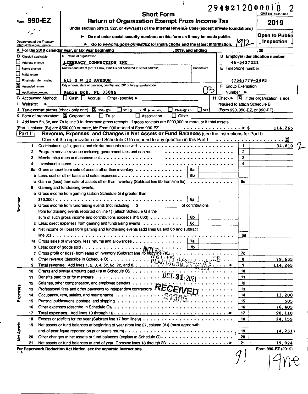 Image of first page of 2019 Form 990EZ for Literacy Connection